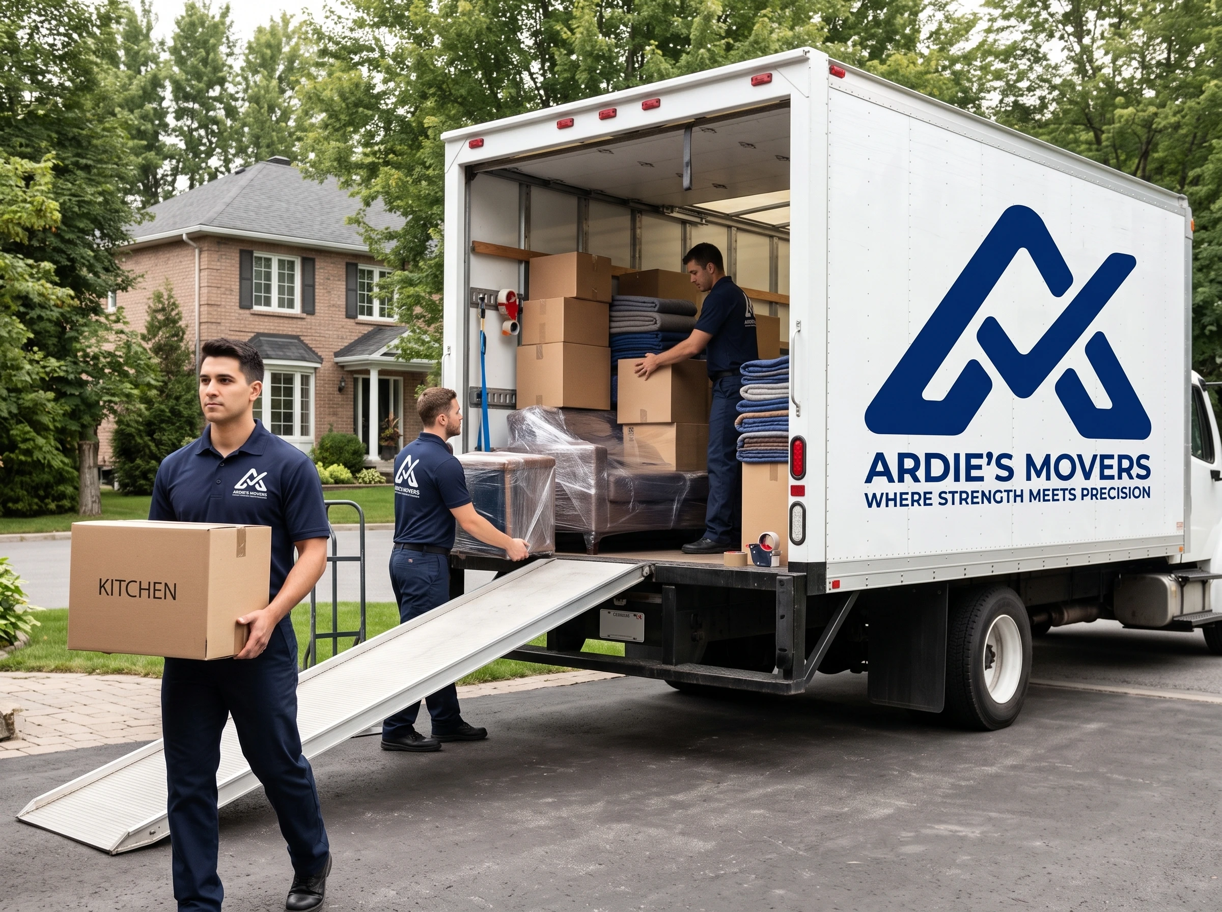 Moving crew organizing furniture and boxes inside a truck during a large household move
