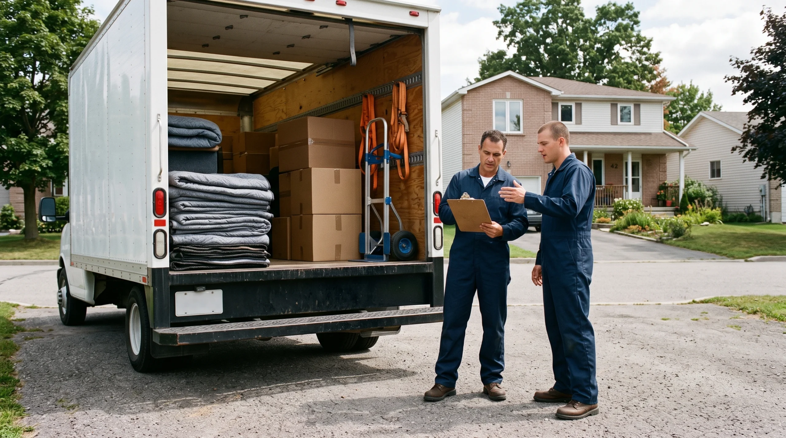 Professional movers reviewing a moving plan beside an organized truck in the Ottawa Valley