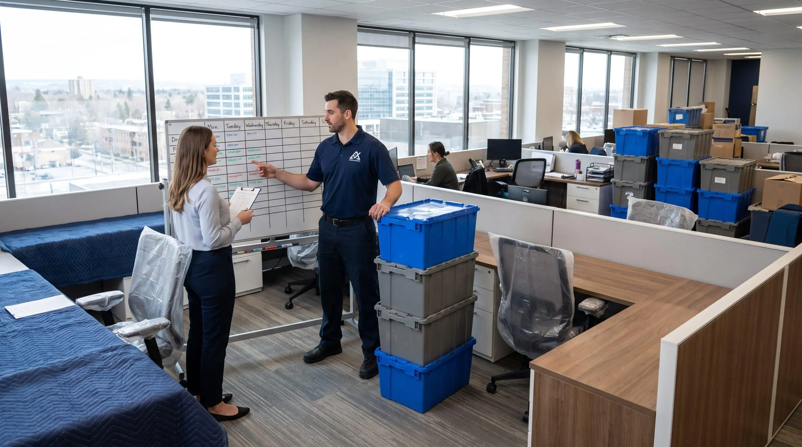 Office coordinator and mover planning the sequence of a business relocation