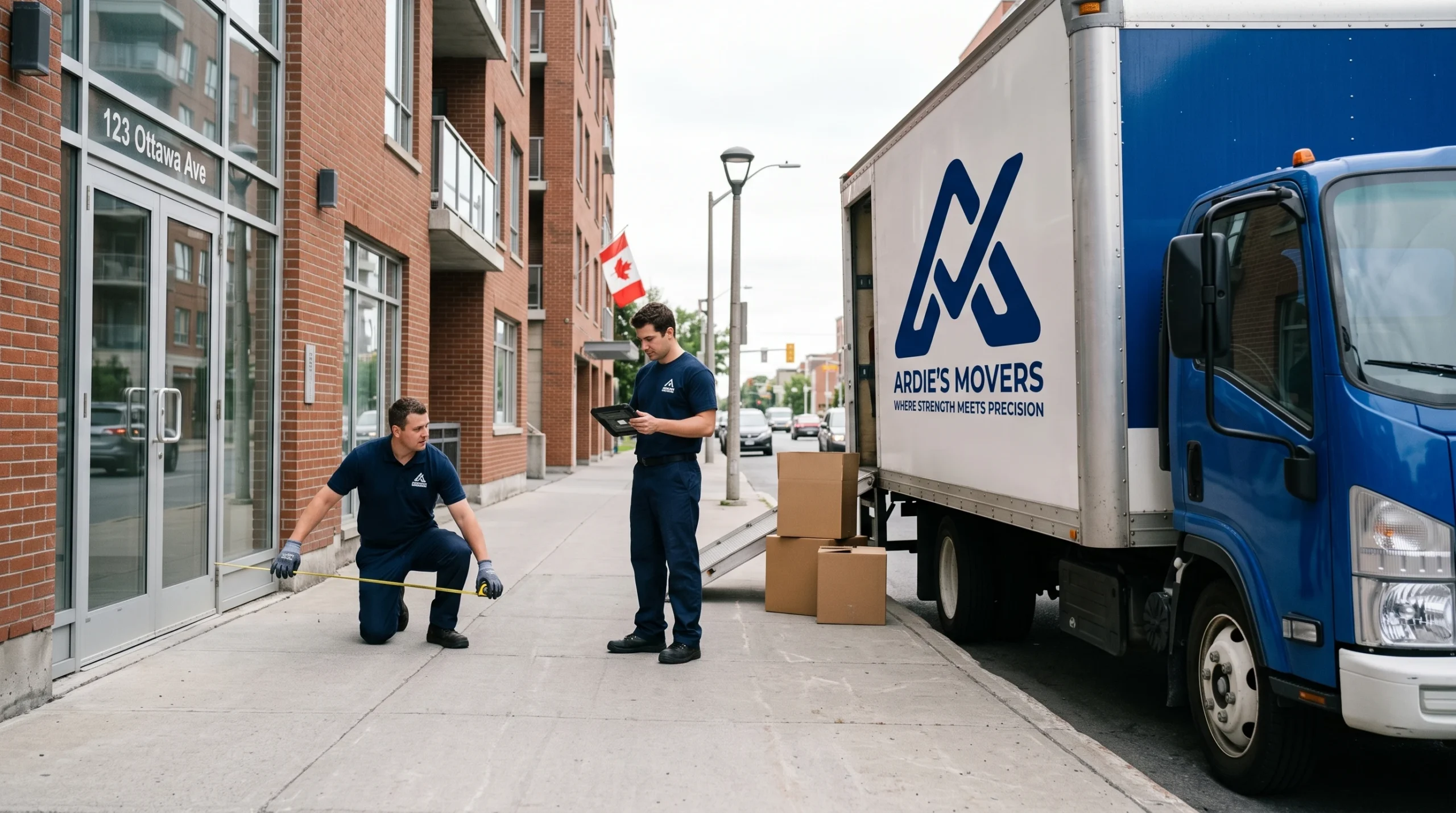 Ardie's Movers assessing truck parking and loading access for an Ottawa move