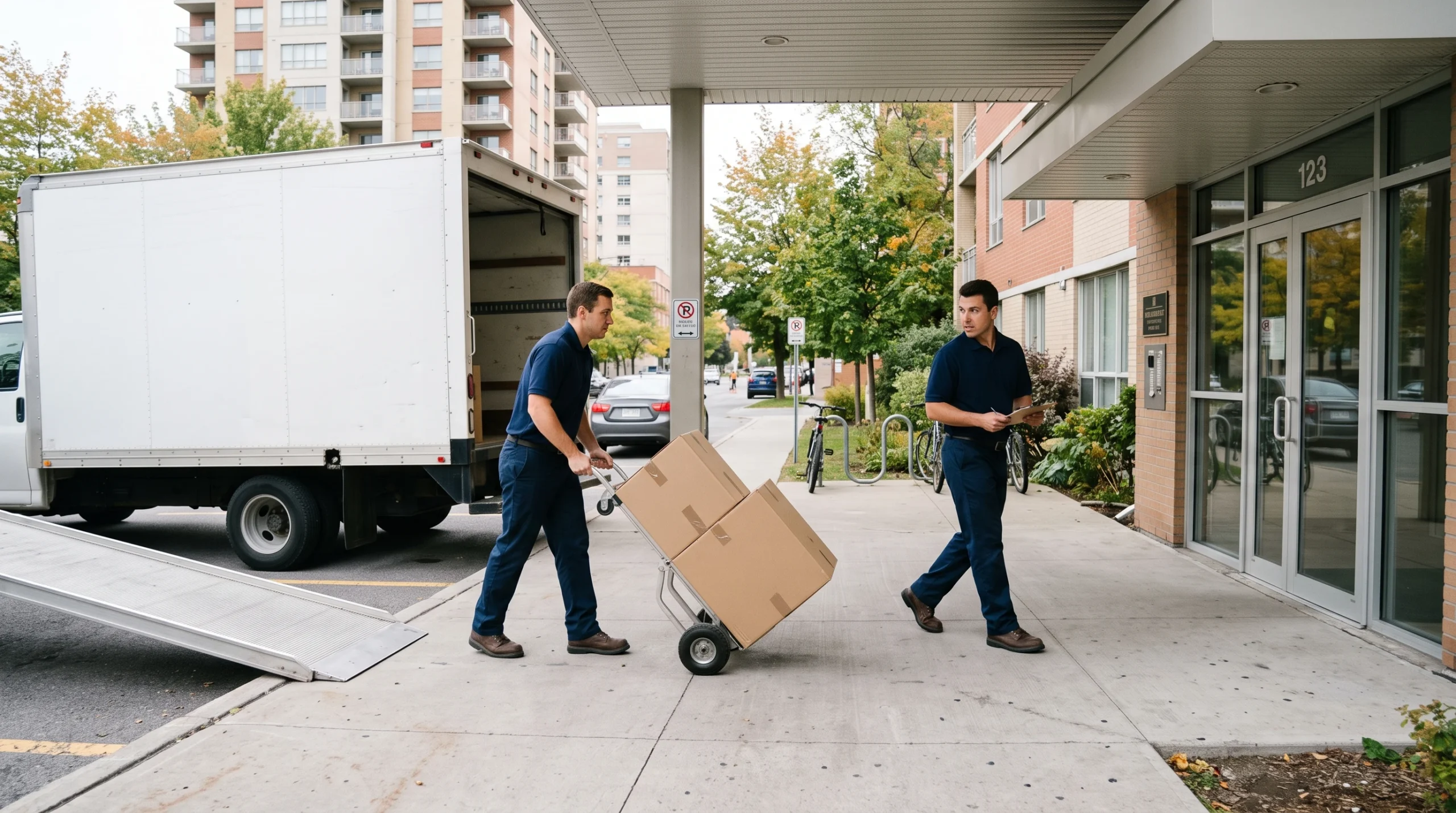 Movers planning loading access for an Ottawa apartment move