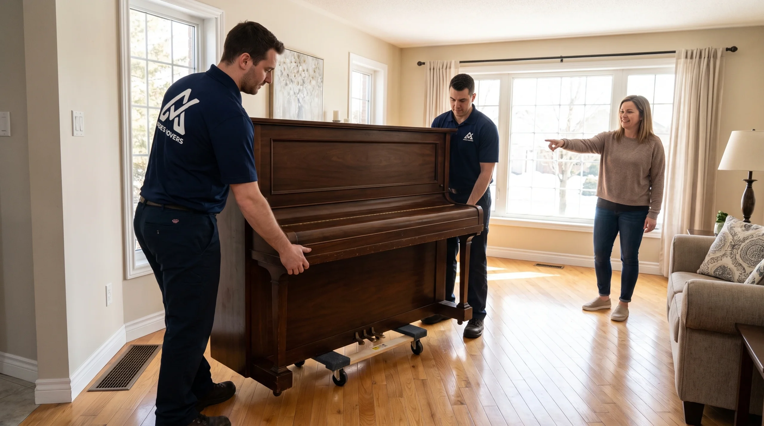 Movers positioning an upright piano in its planned location after delivery