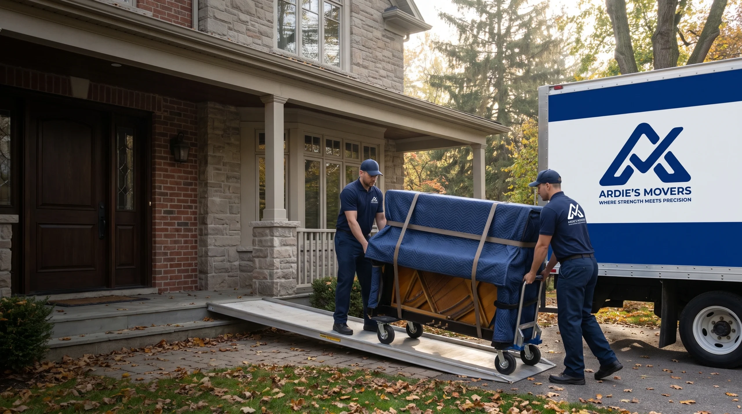 Movers transporting a protected upright piano from an Ottawa Valley home