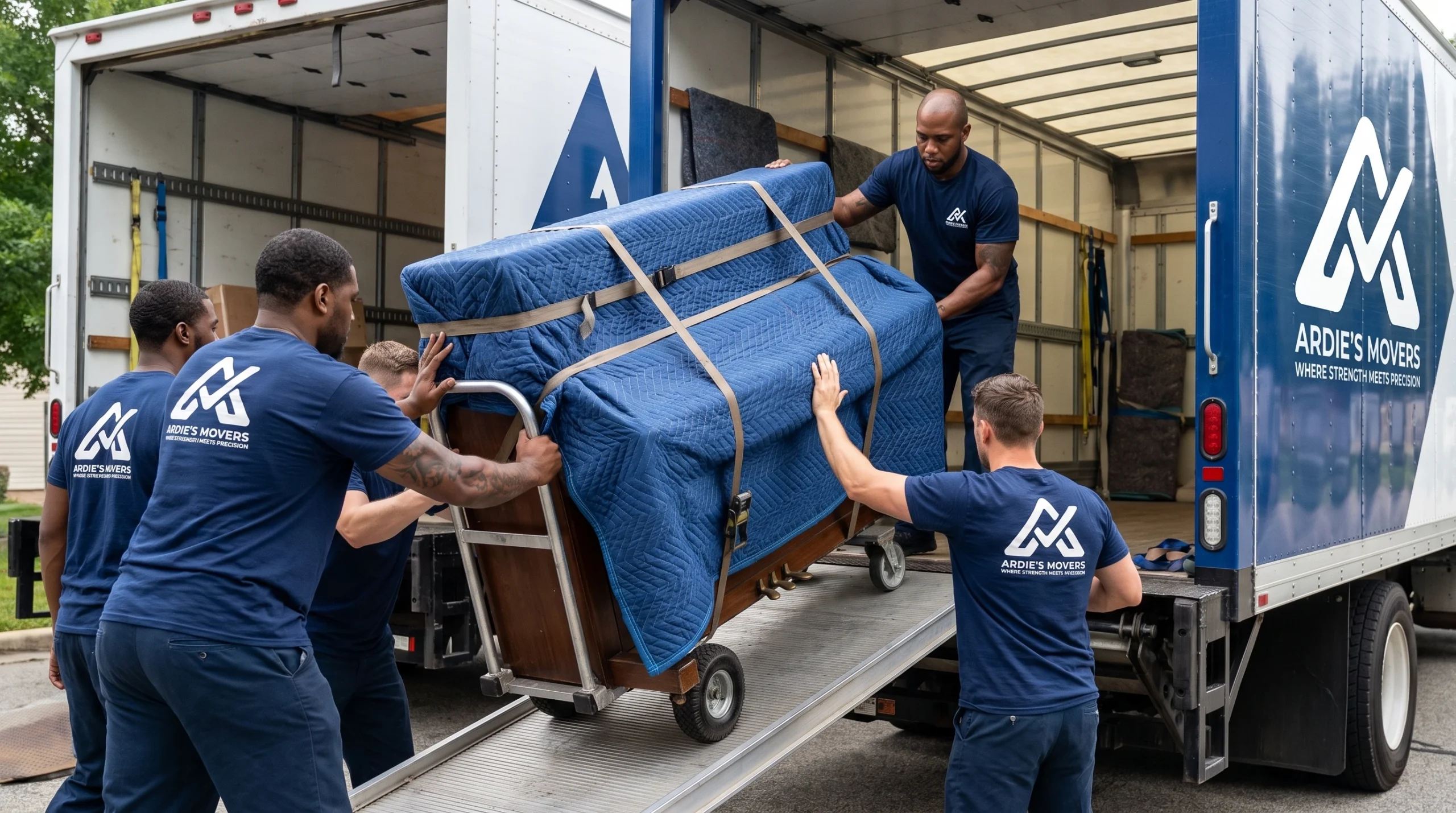Piano moving crew loading a padded upright piano with appropriate equipment