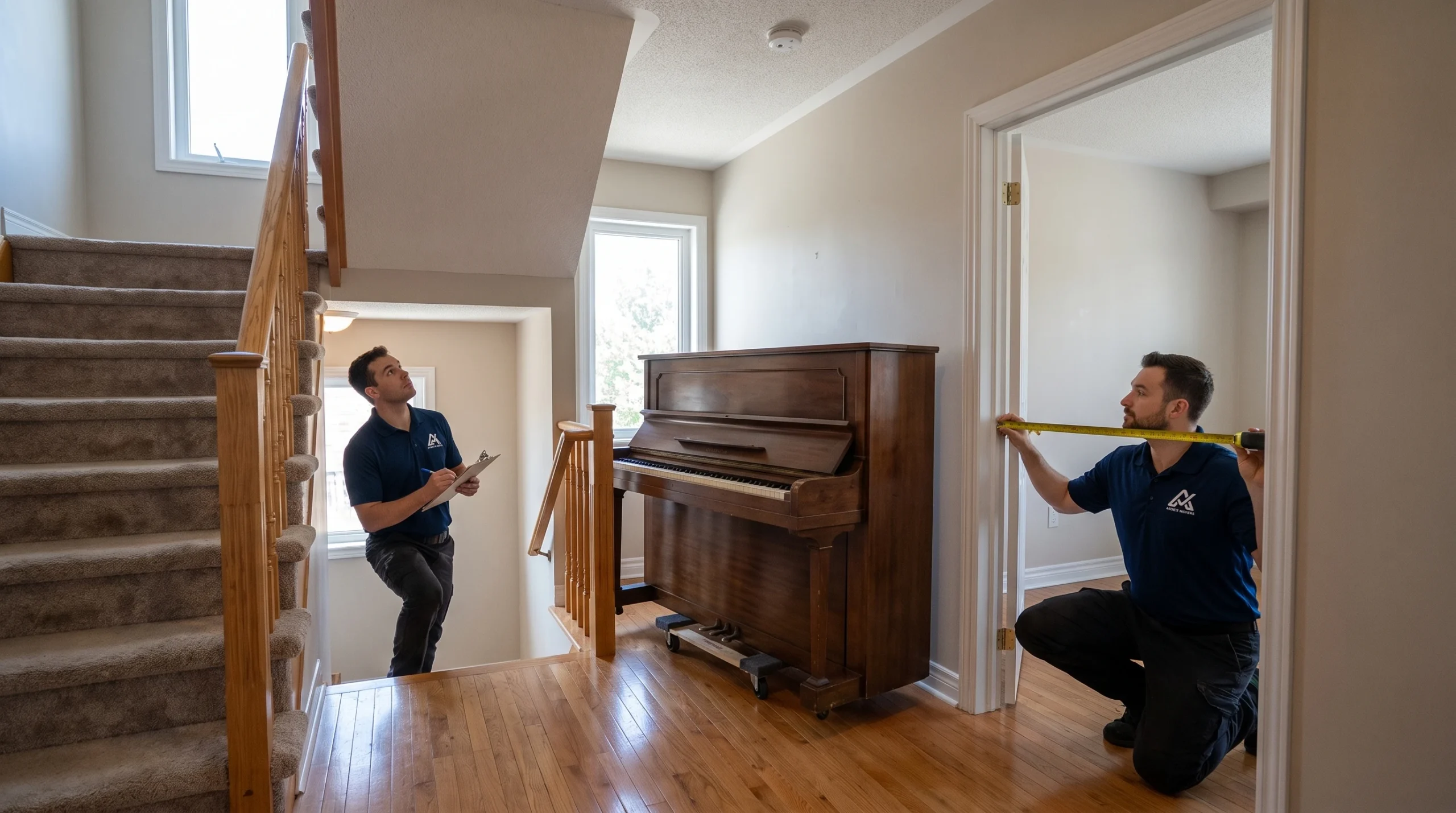 Piano movers measuring a doorway and reviewing a staircase route before a move