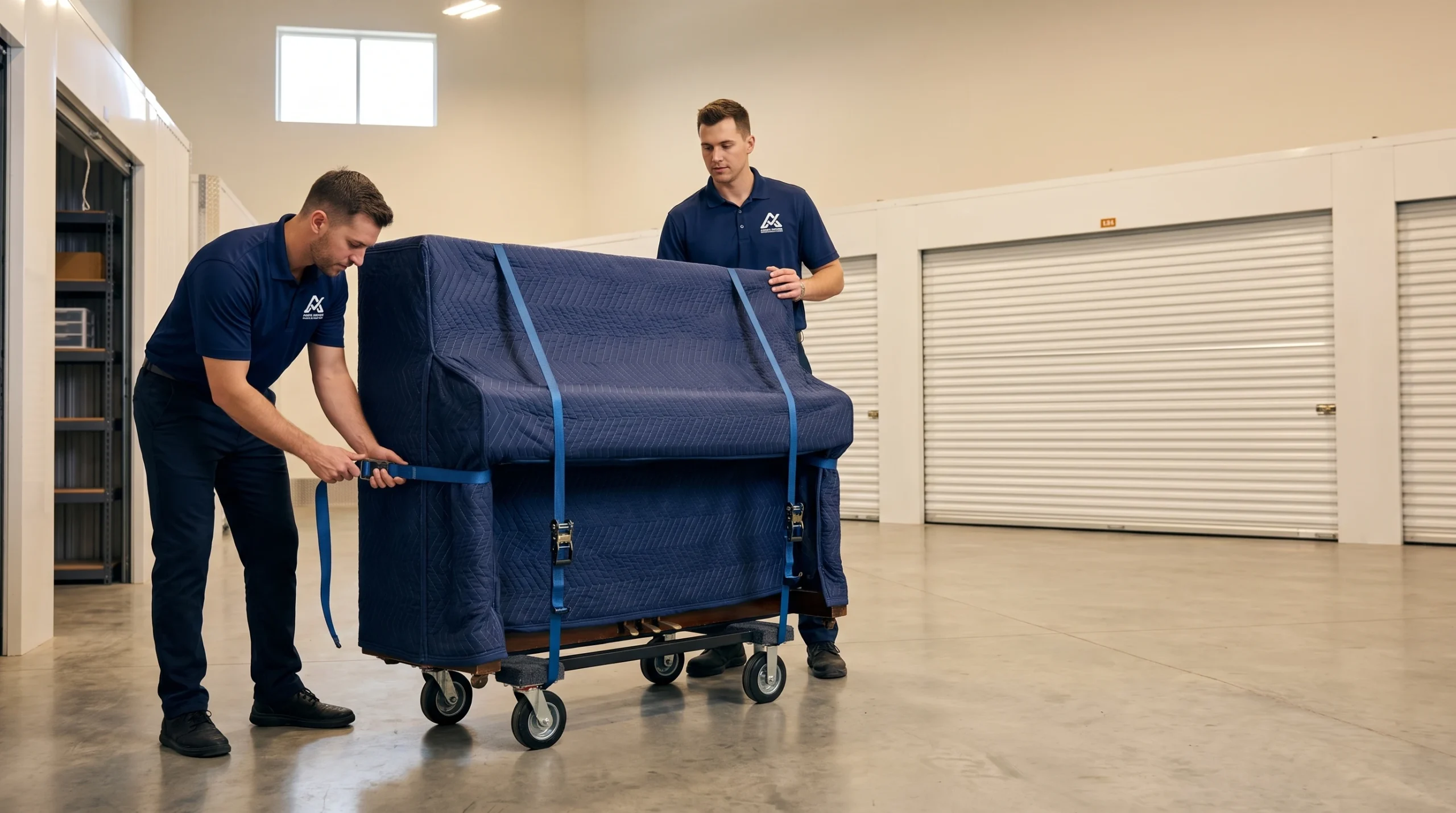 Movers securing an upright piano on a dolly for storage in Arnprior