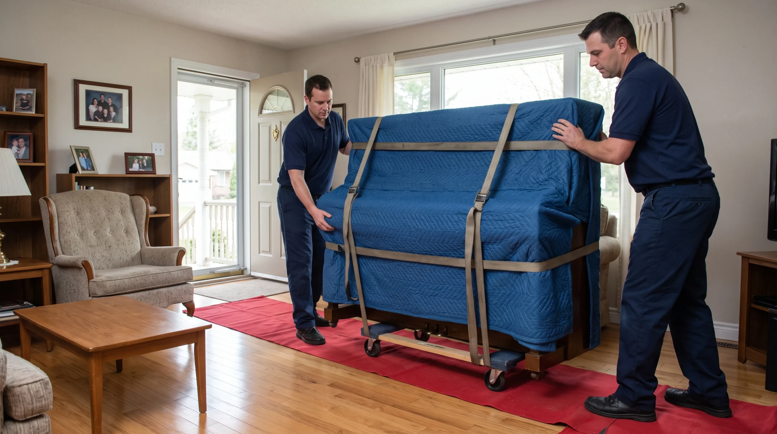 Professional piano movers transporting a protected upright piano in an Ottawa Valley home