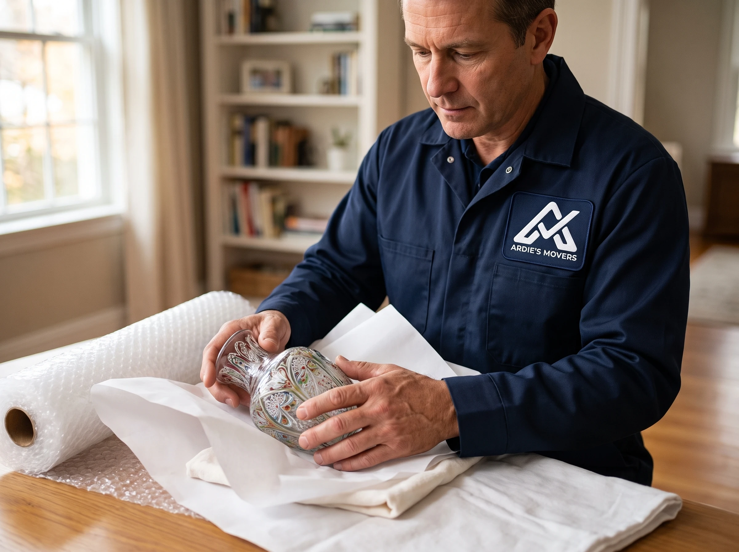 Mover carefully cushioning a sentimental glass vase before a residential move