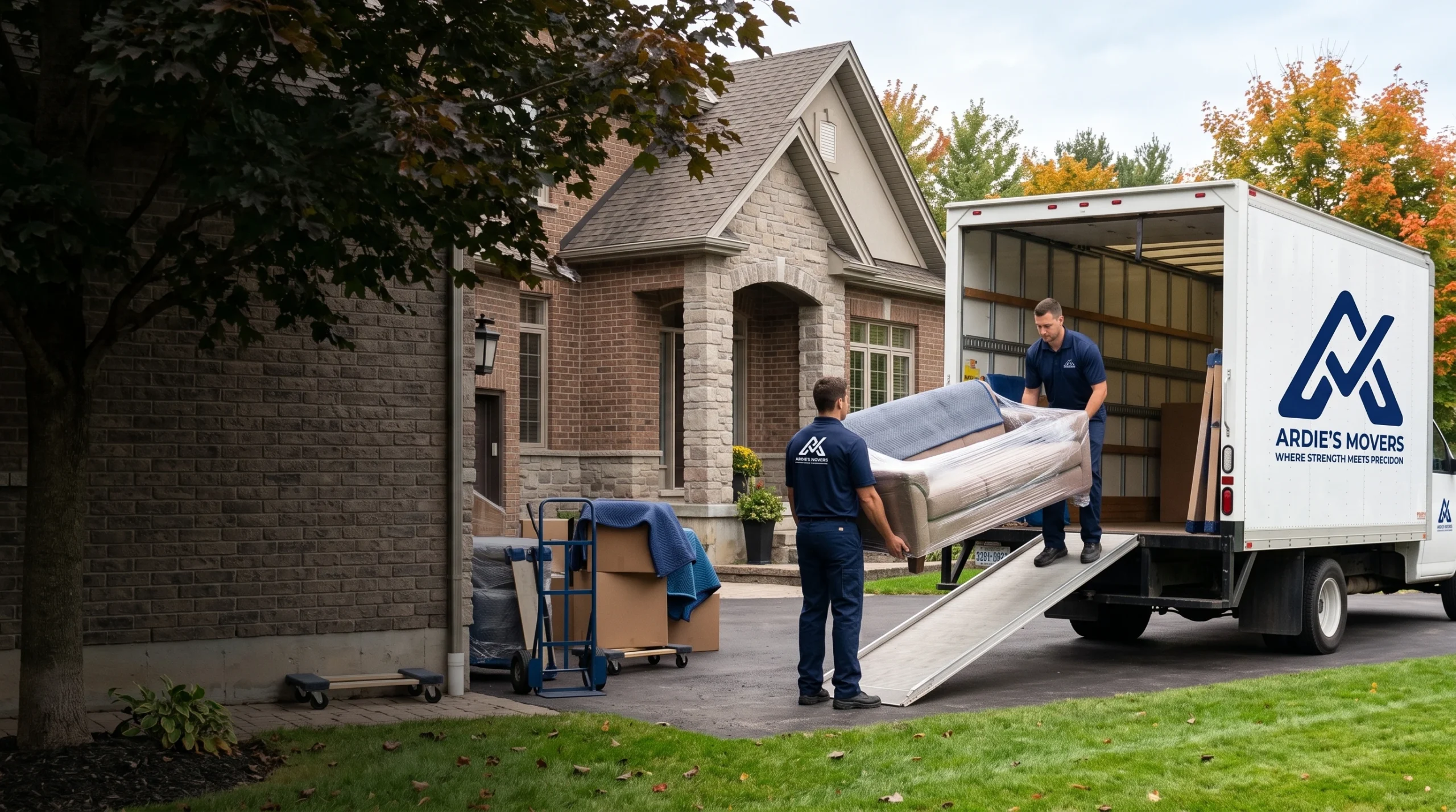 Residential moving company crew carrying a protected sofa from an Ottawa Valley home