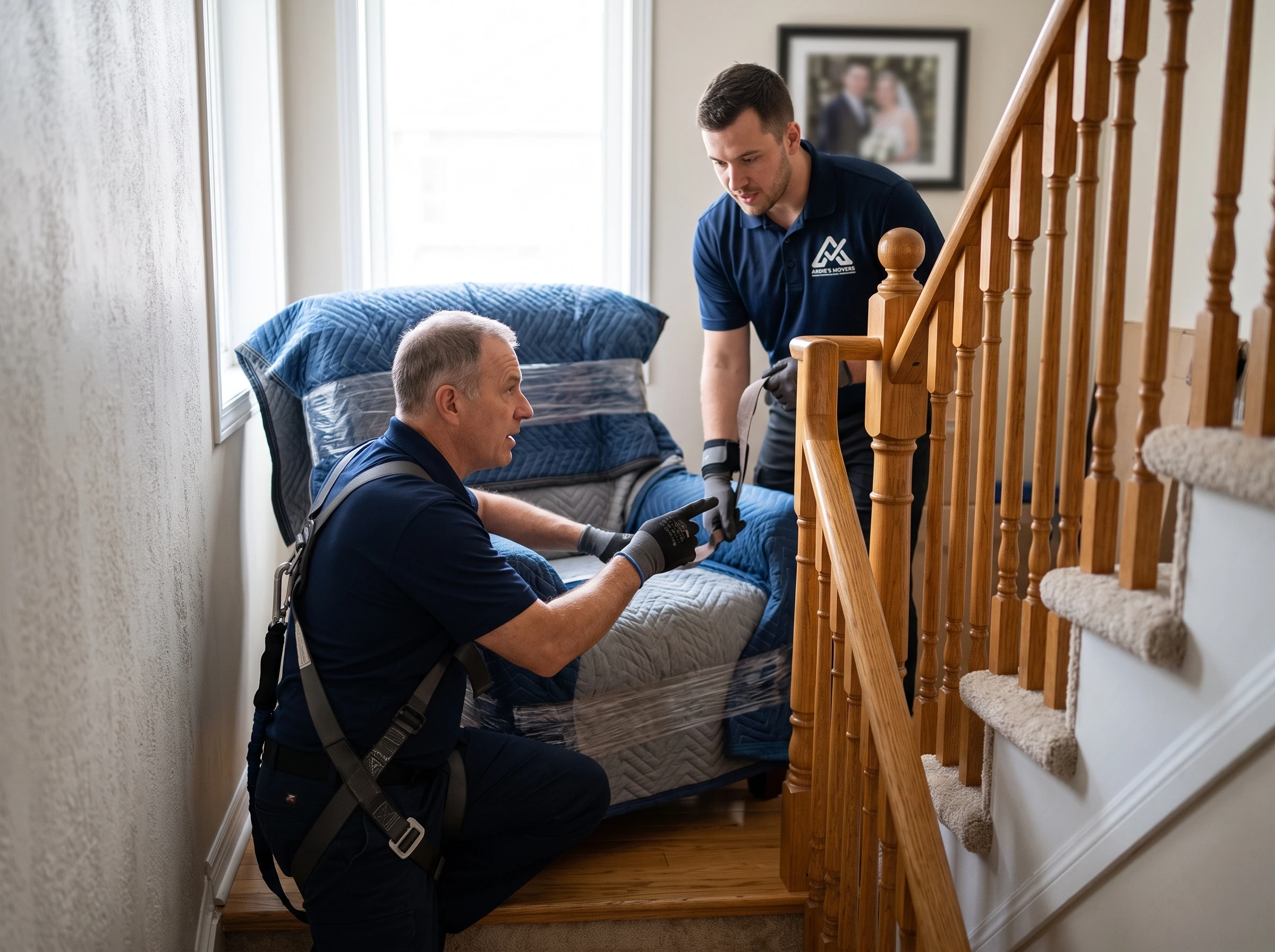 Movers planning how to carry a protected armchair around a tight residential staircase