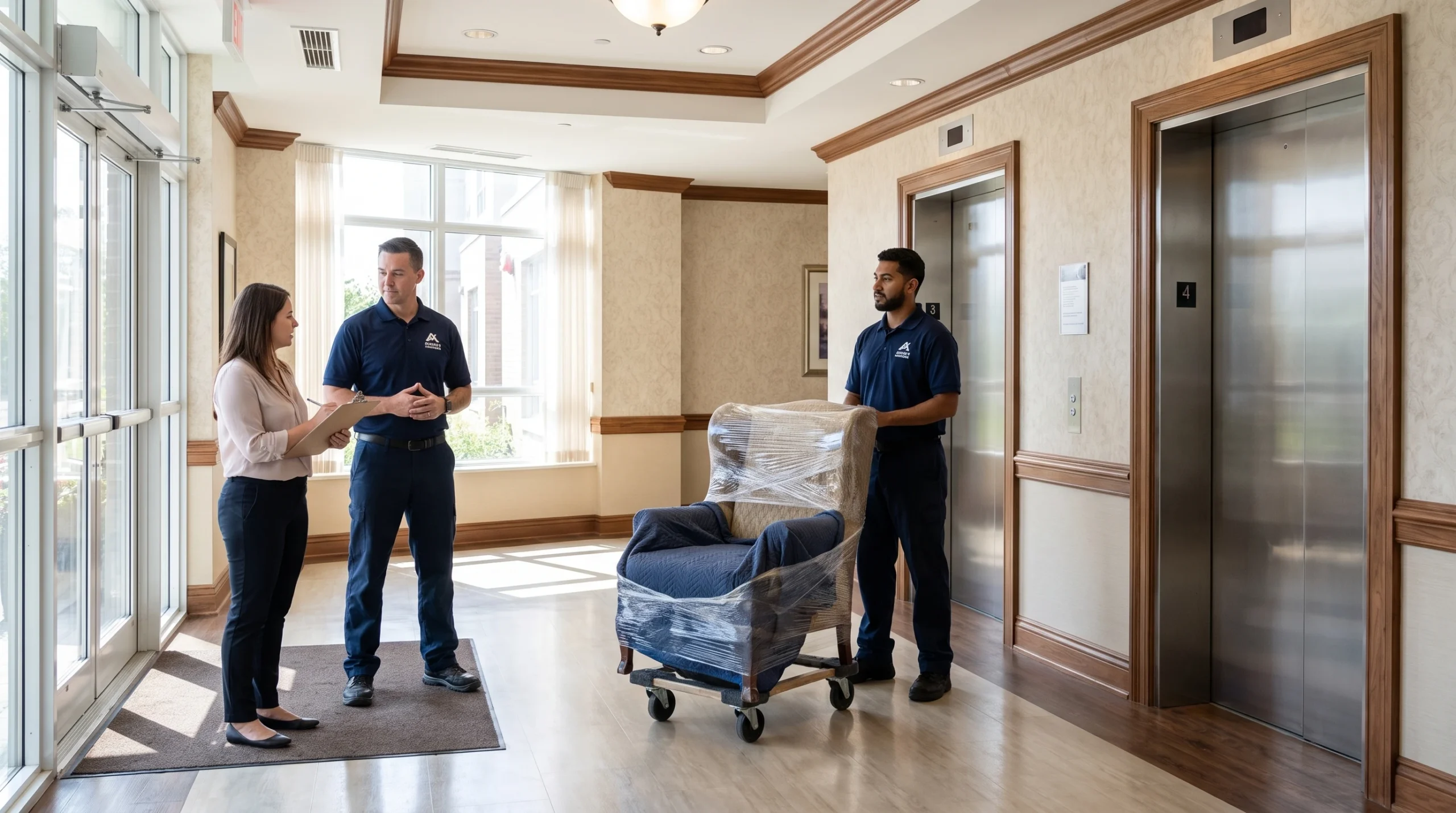 Mover coordinating elevator and entrance access at a retirement residence