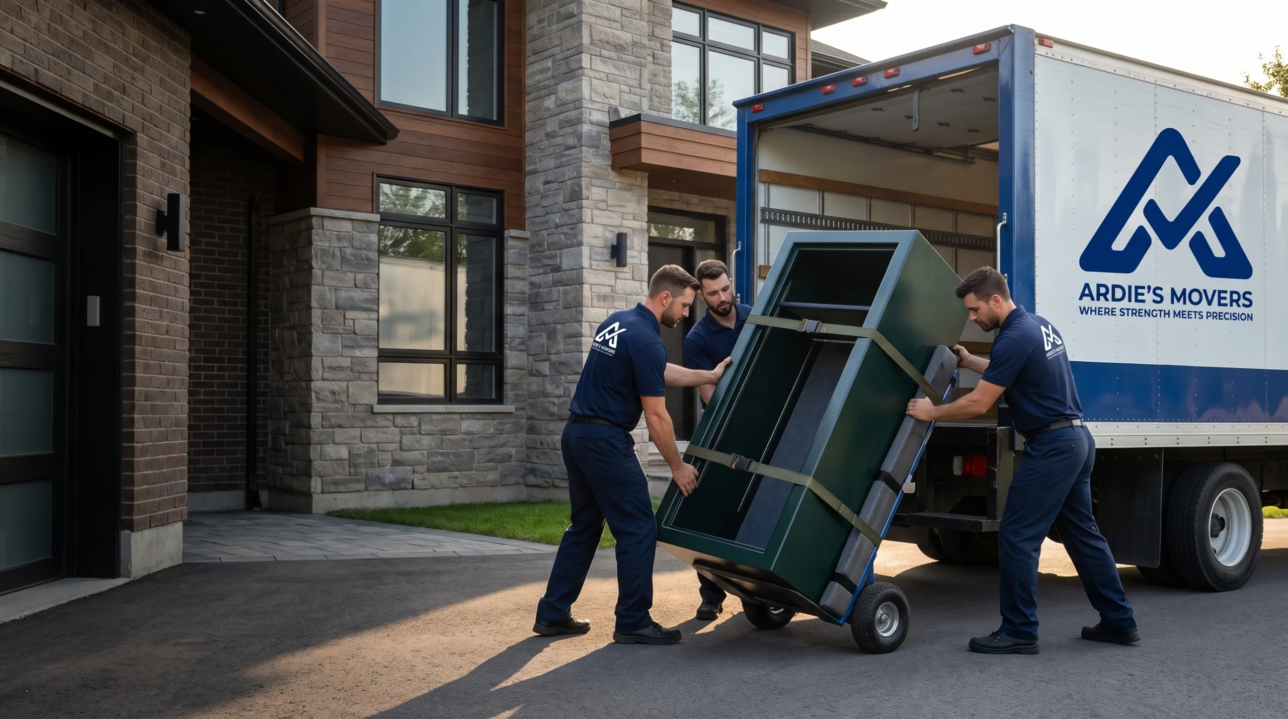 Ardie's Movers crew transporting an empty heavy gun safe with professional moving equipment