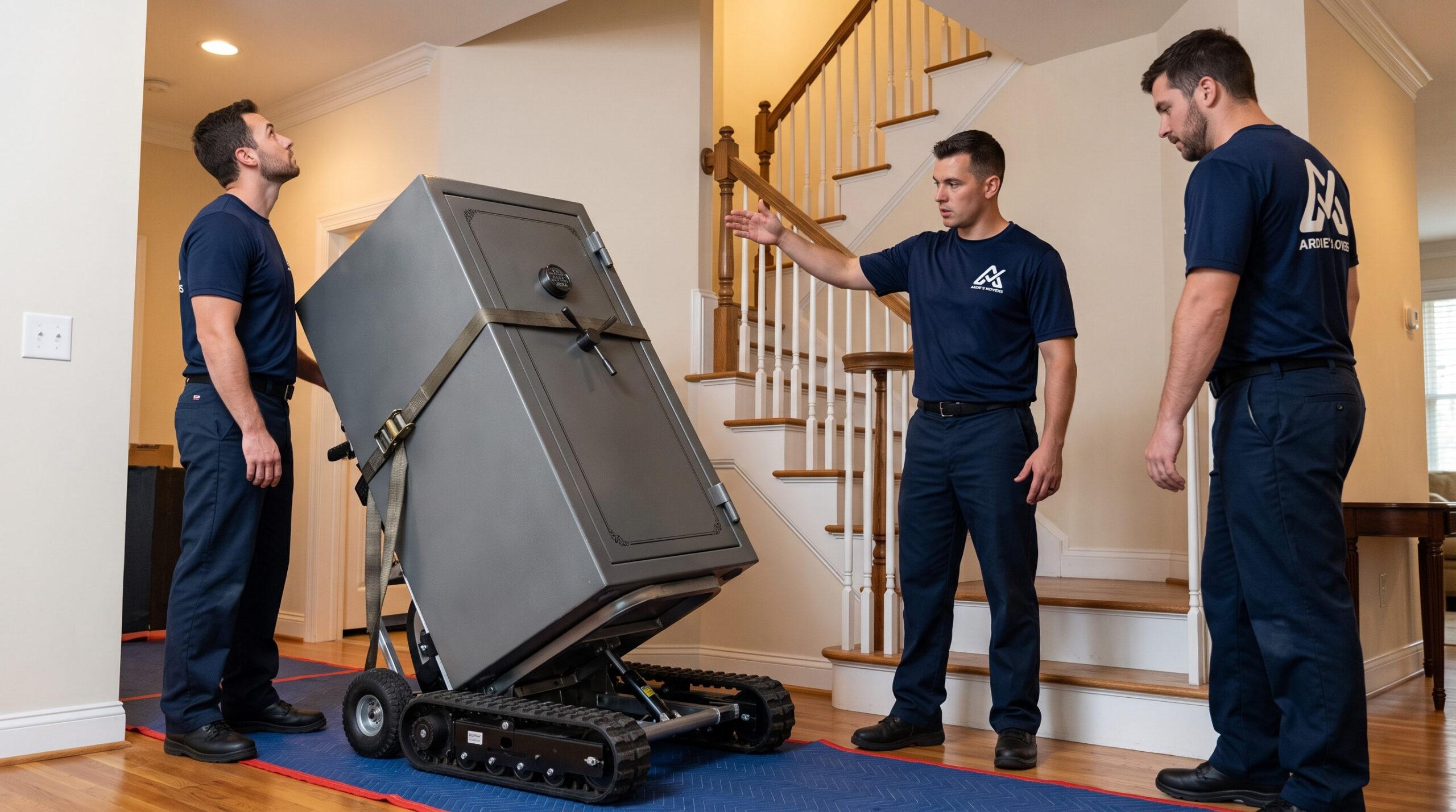 Movers preparing floor, wall and doorway protection around a secured heavy safe