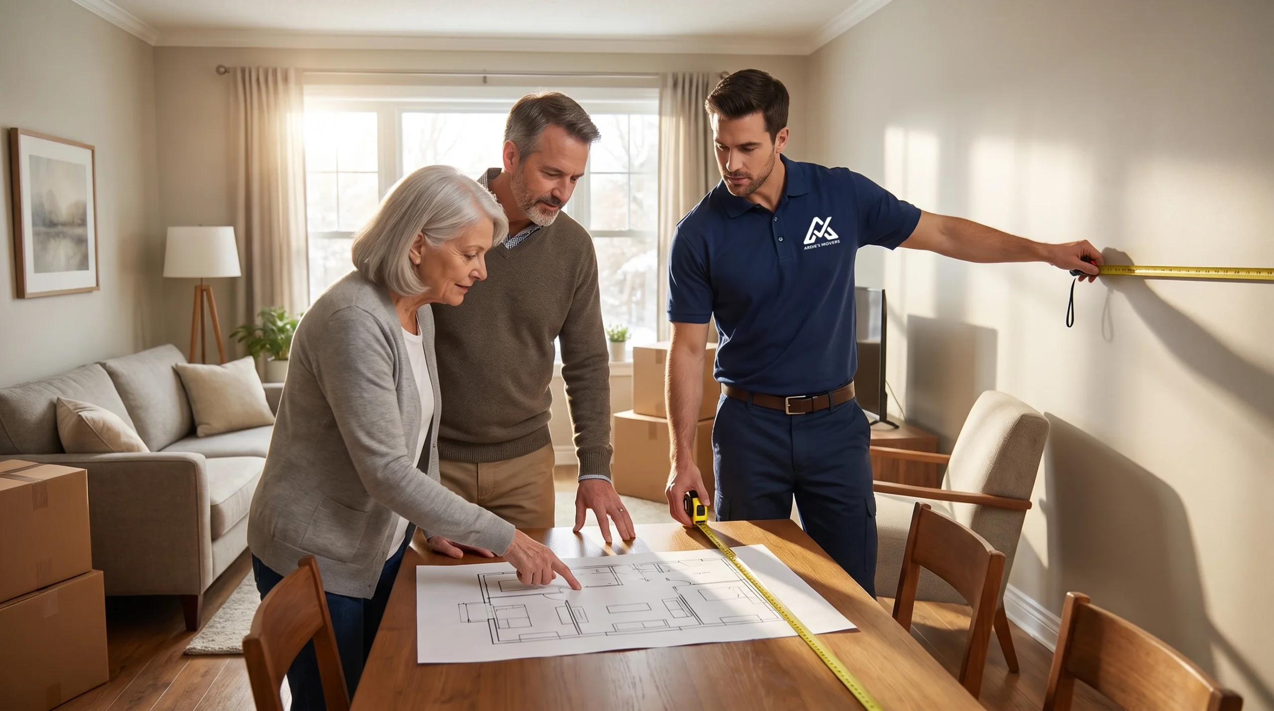 Senior, family member and mover measuring a smaller home for furniture placement