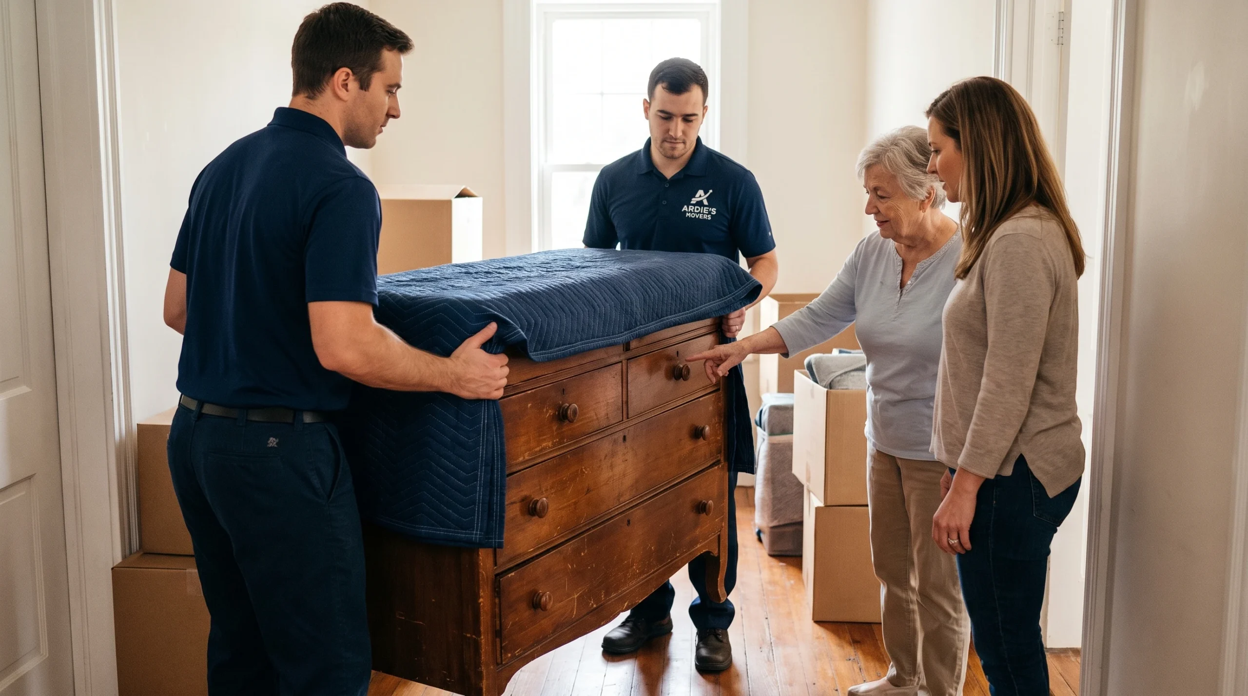Movers carefully protecting sentimental older furniture during a senior move