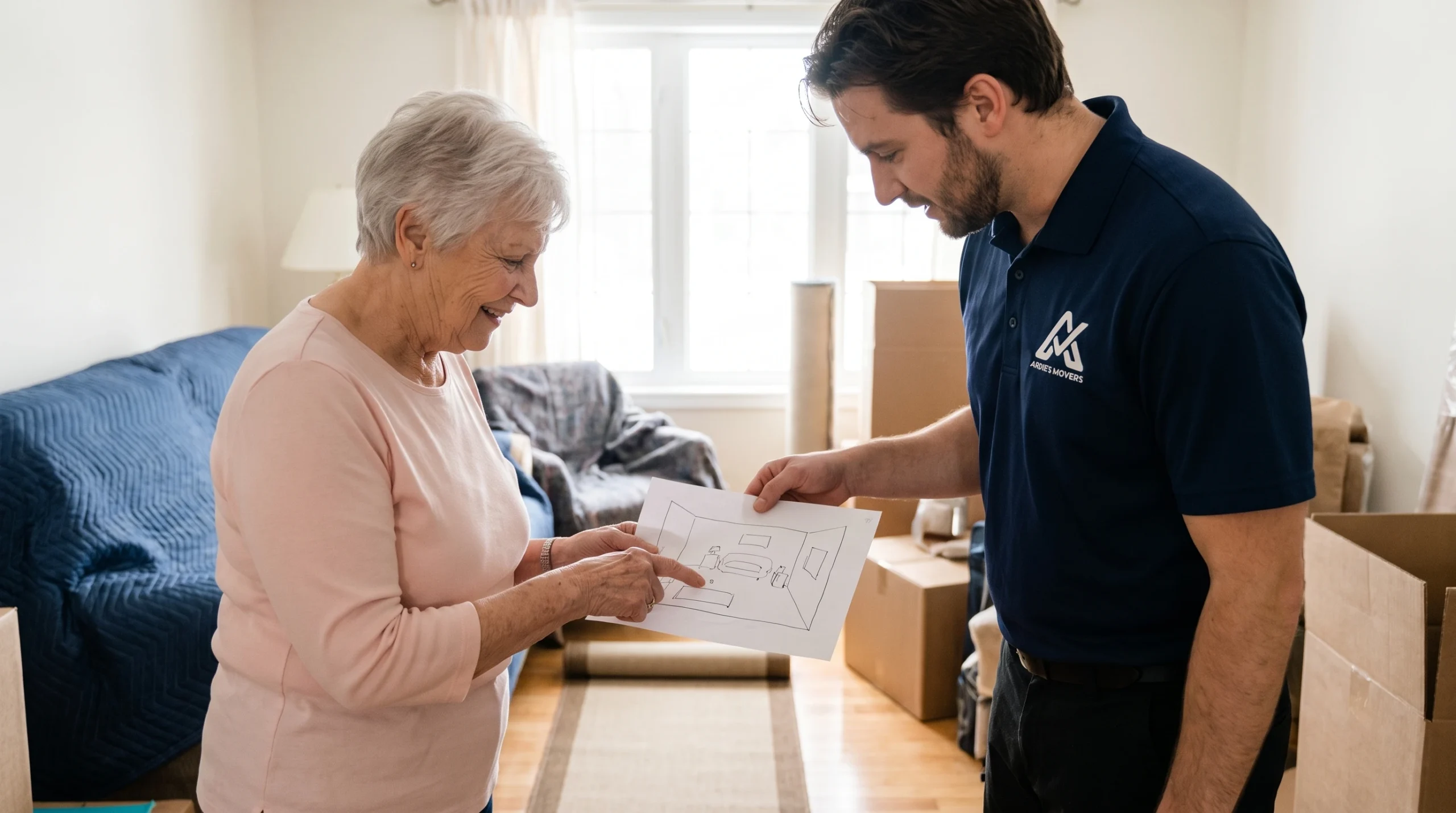 Senior, family member and mover coordinating furniture placement before moving day