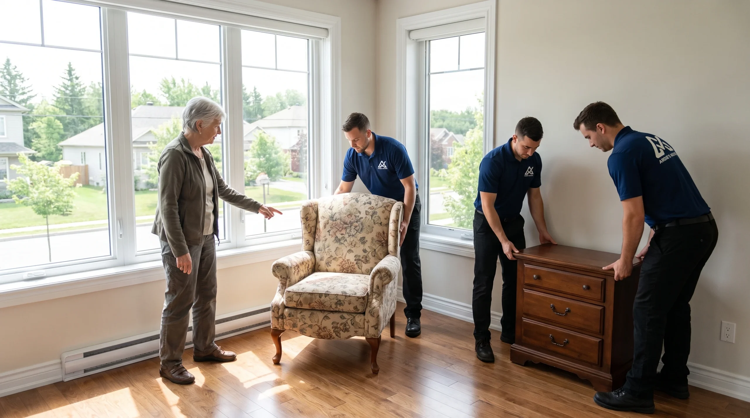 Movers placing furniture according to a senior resident's directions in a new home