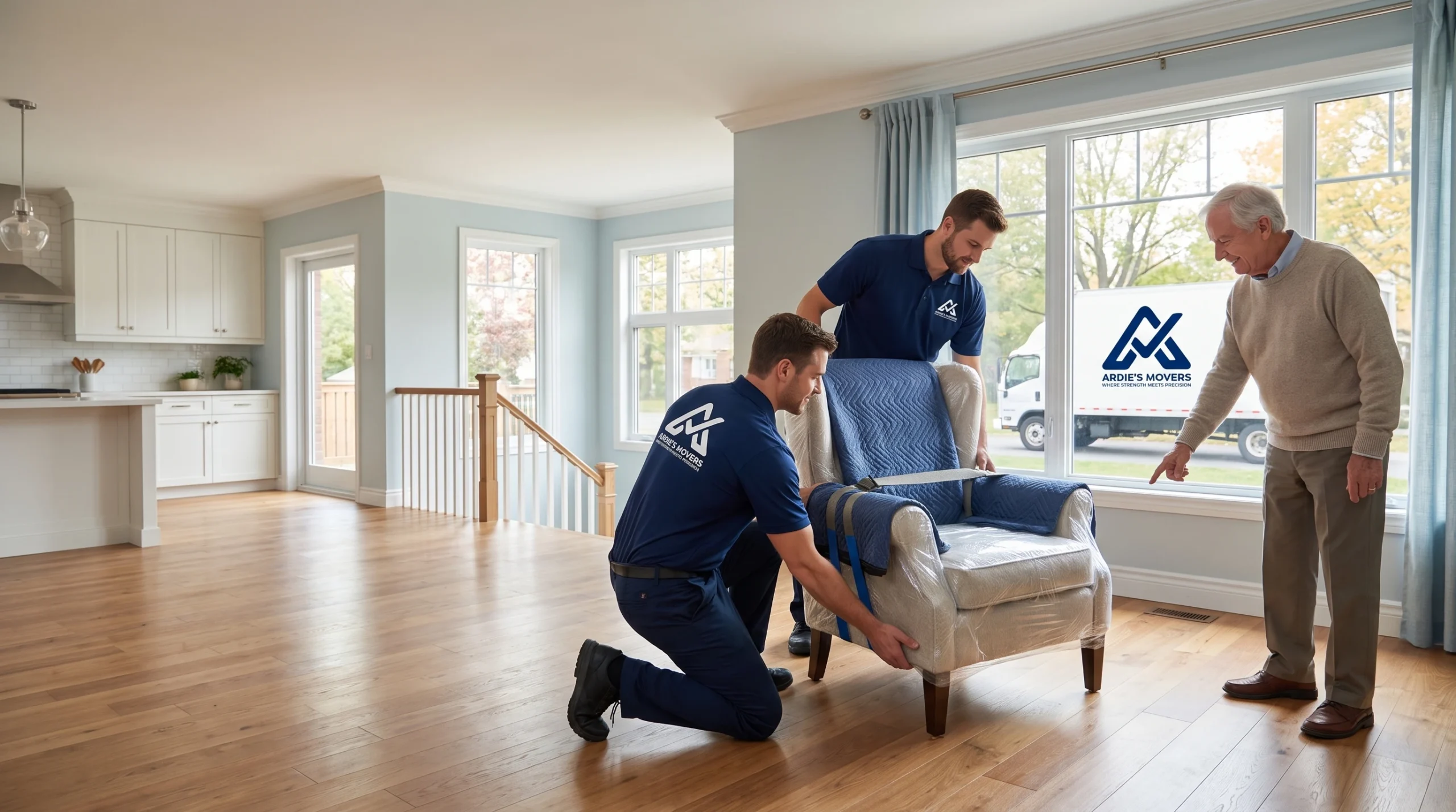 Senior moving services crew carrying a protected chair into a smaller Ottawa Valley residence