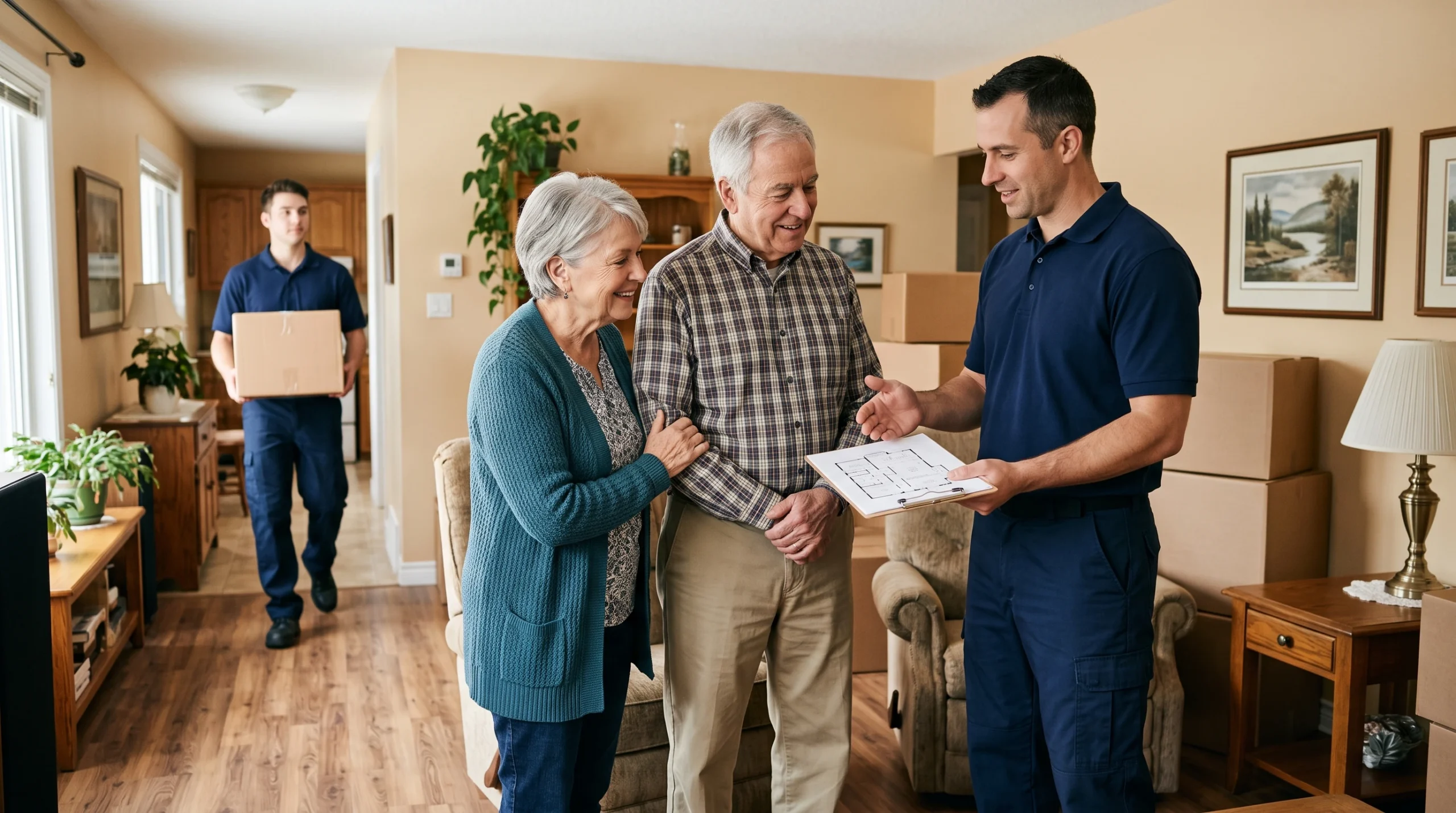 Patient senior moving professionals helping an older couple plan their Ottawa Valley move