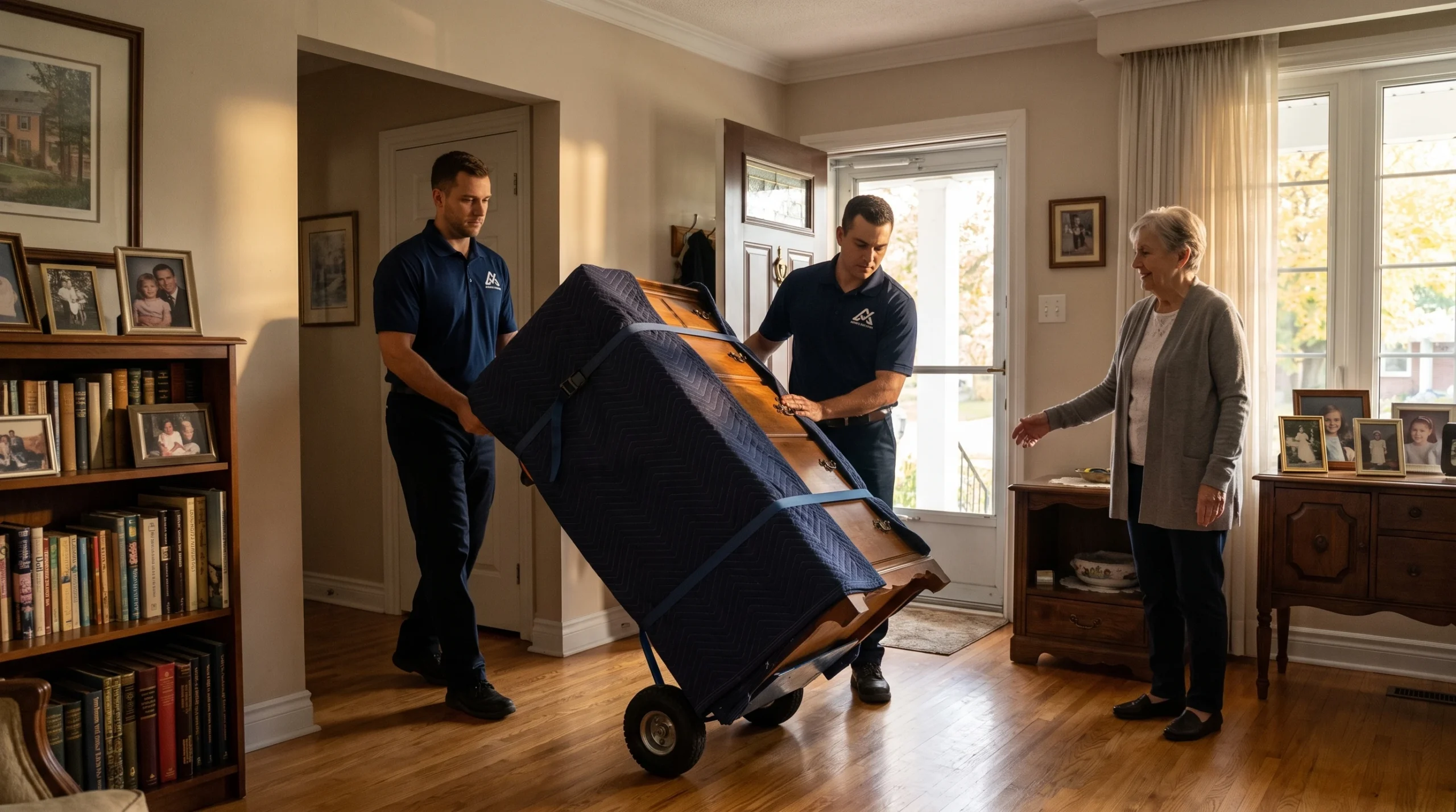 Movers transporting a protected dresser during a senior residential relocation