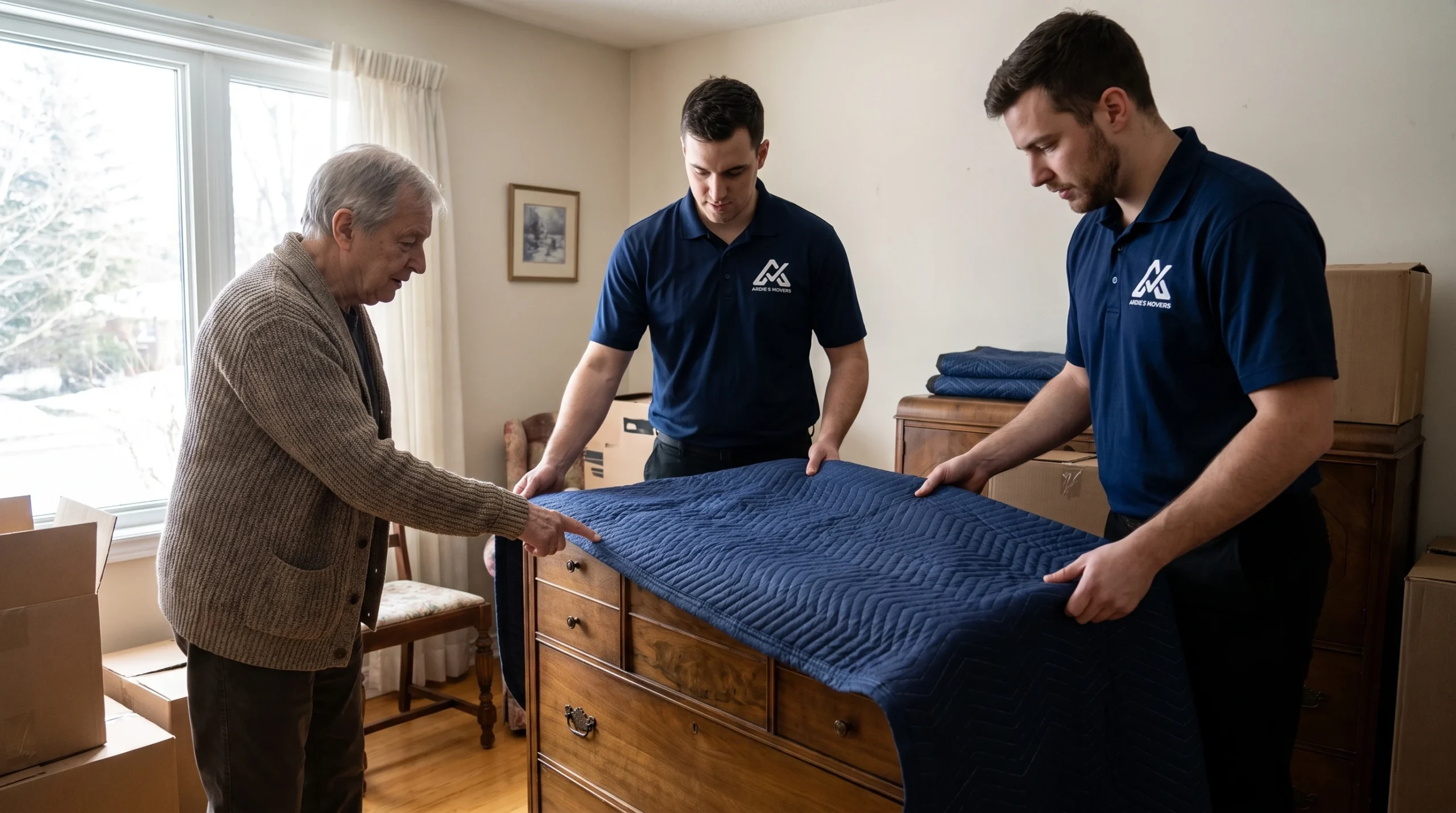 Movers protecting older sentimental furniture while the homeowner observes