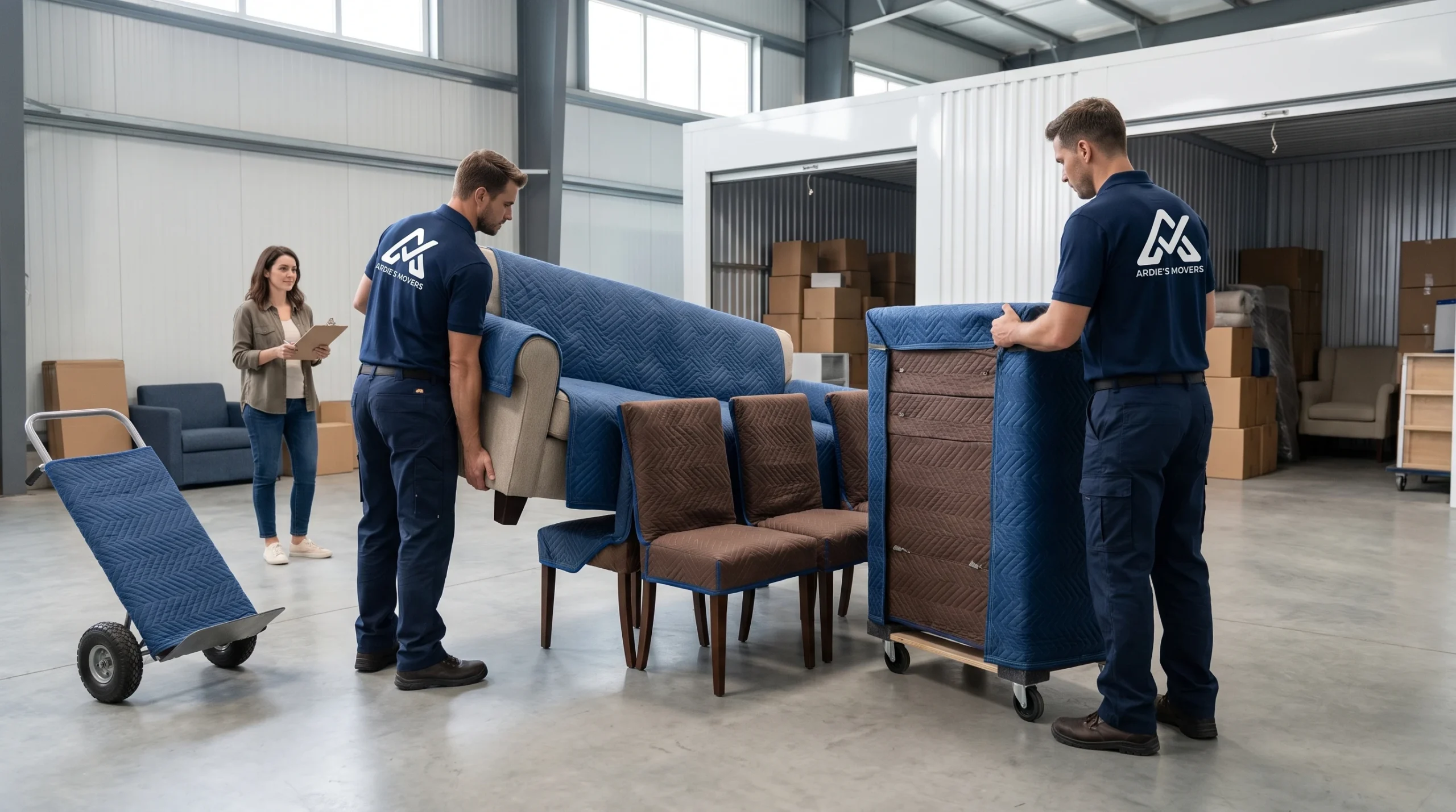 Movers organizing household furniture for short-term storage between homes