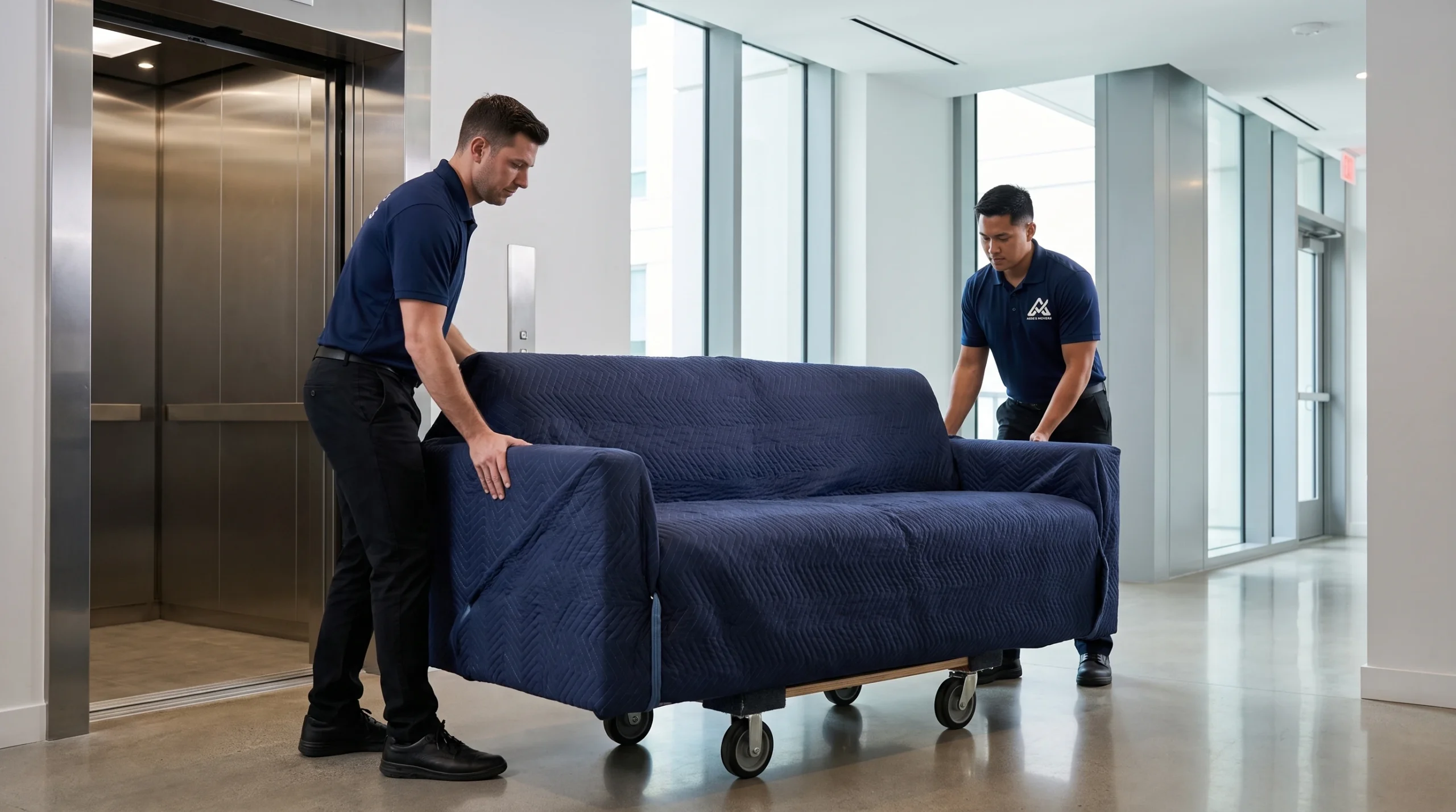 Movers transporting one protected sofa through a condominium elevator lobby