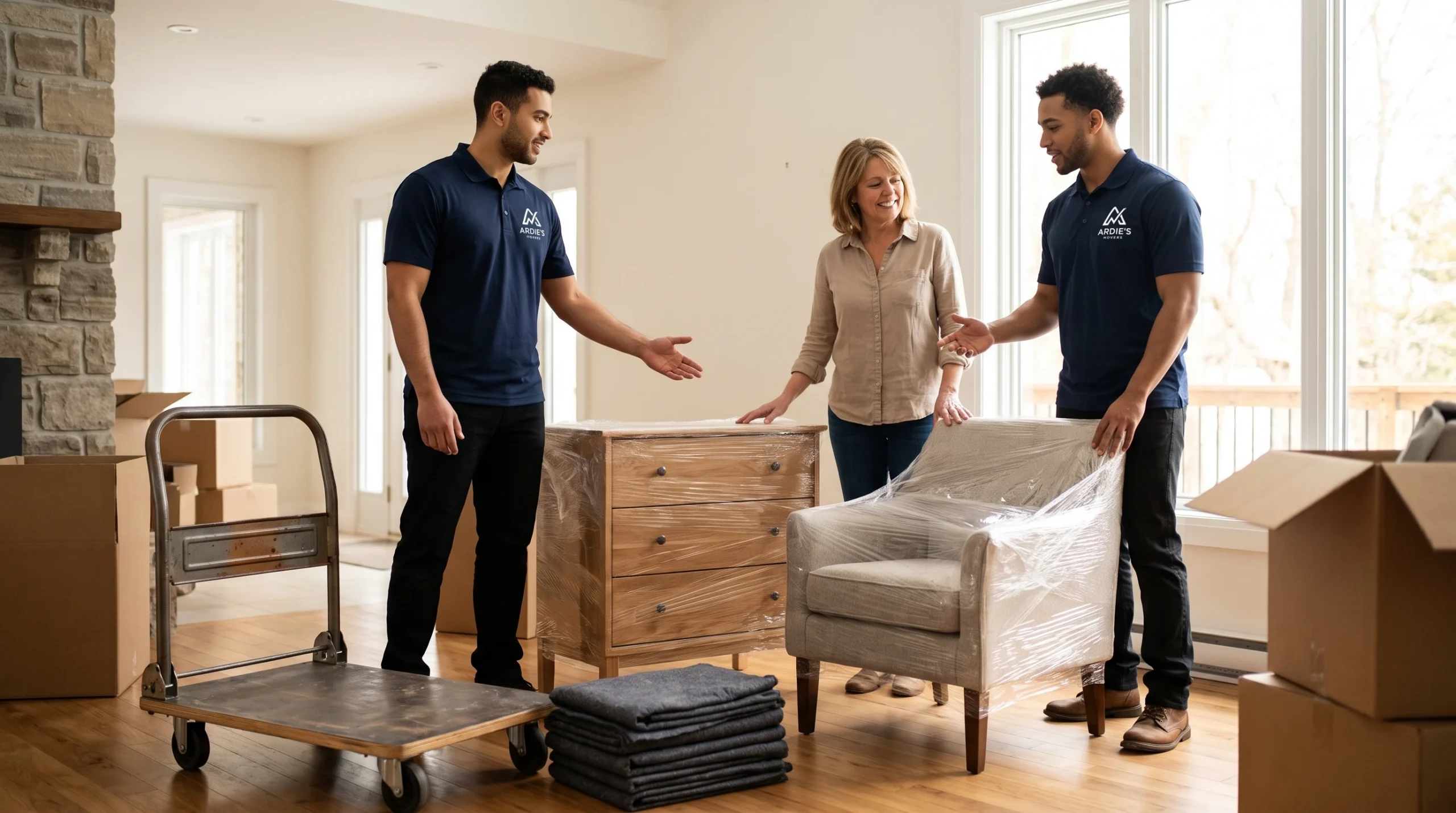 Ardie's Movers confirming final furniture placement with a homeowner after an Almonte move