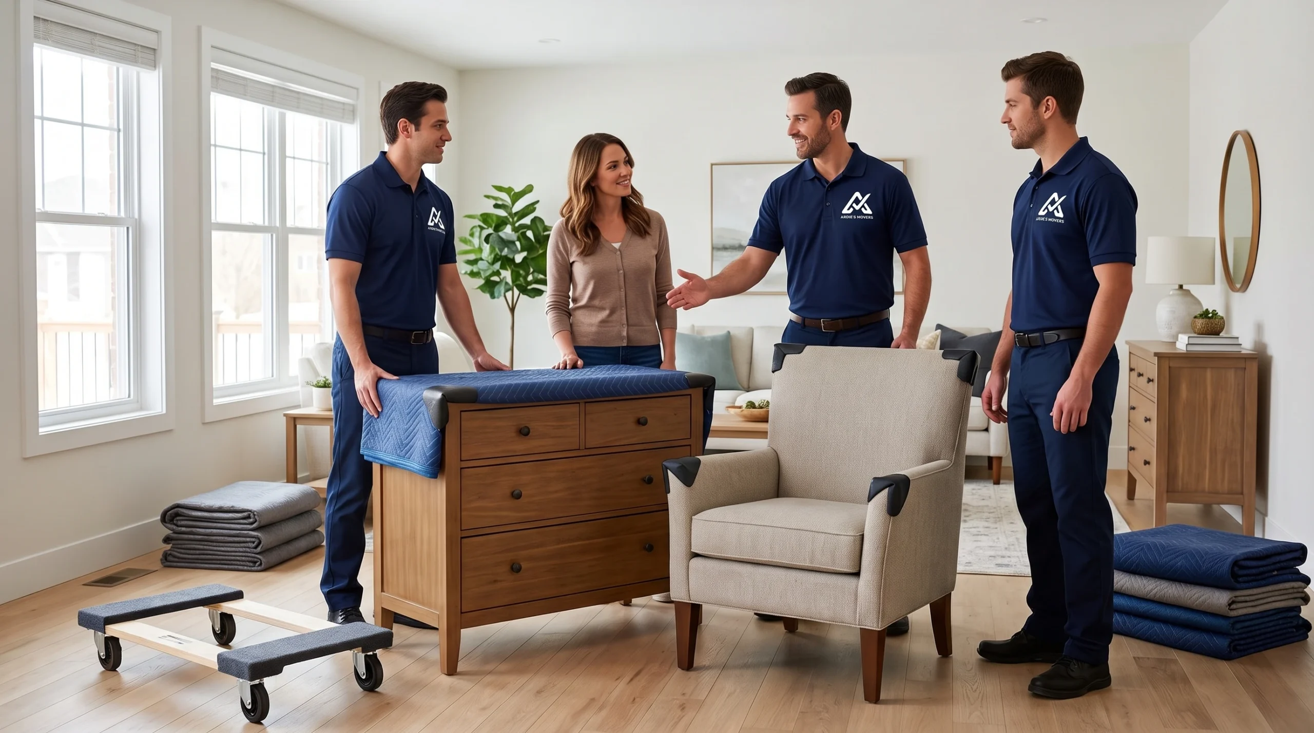 Ardie's Movers confirming final furniture placement with a homeowner after an Arnprior move