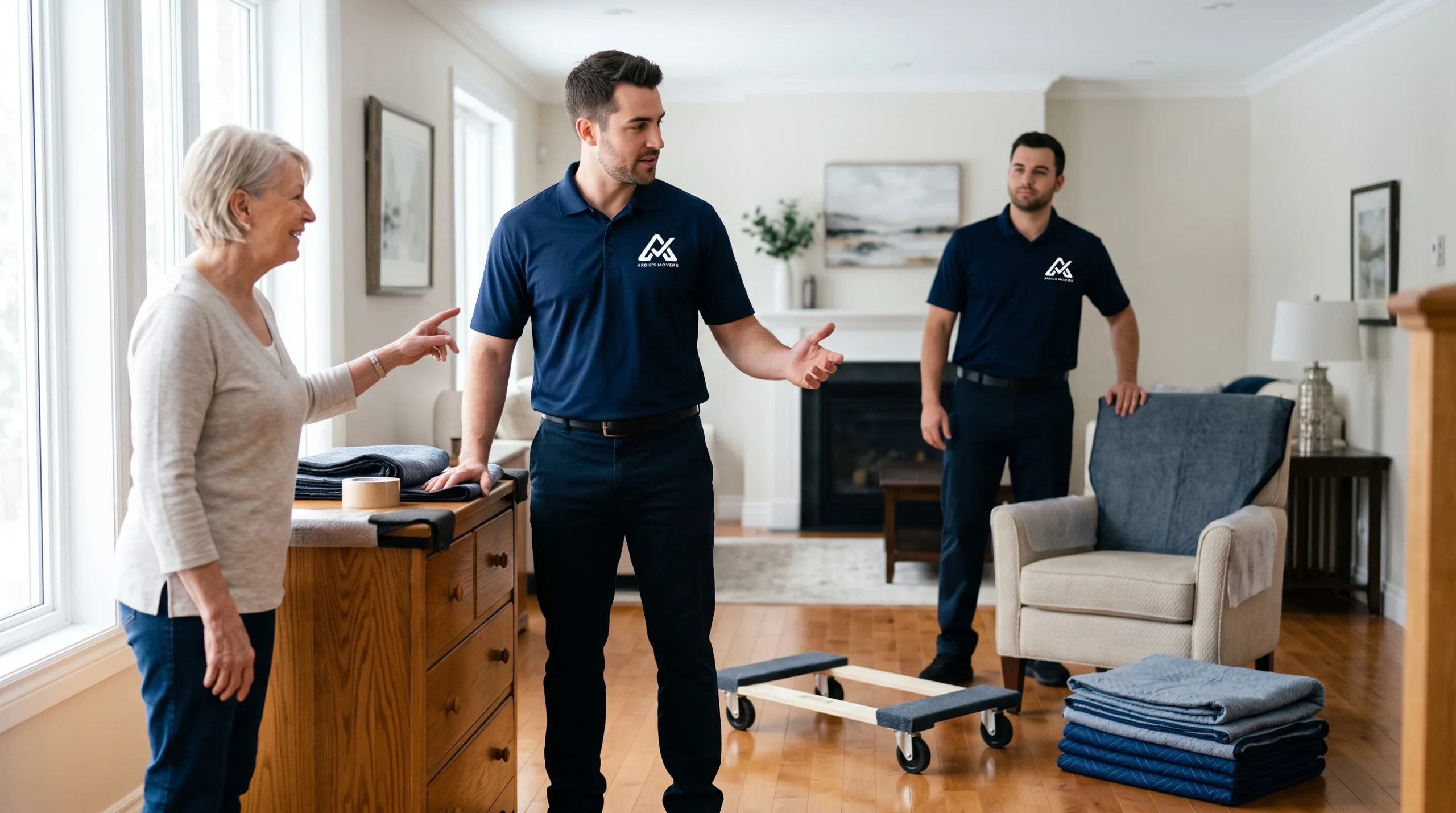 Ardie's Movers confirming final furniture placement with a homeowner after a Carleton Place move