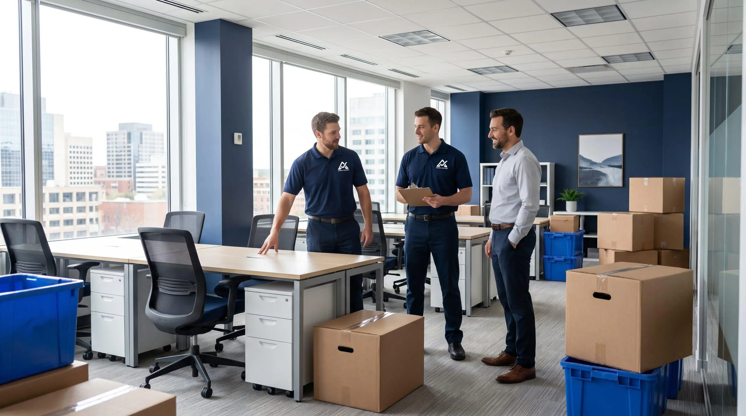 Commercial moving crew confirming office furniture placement with a business coordinator