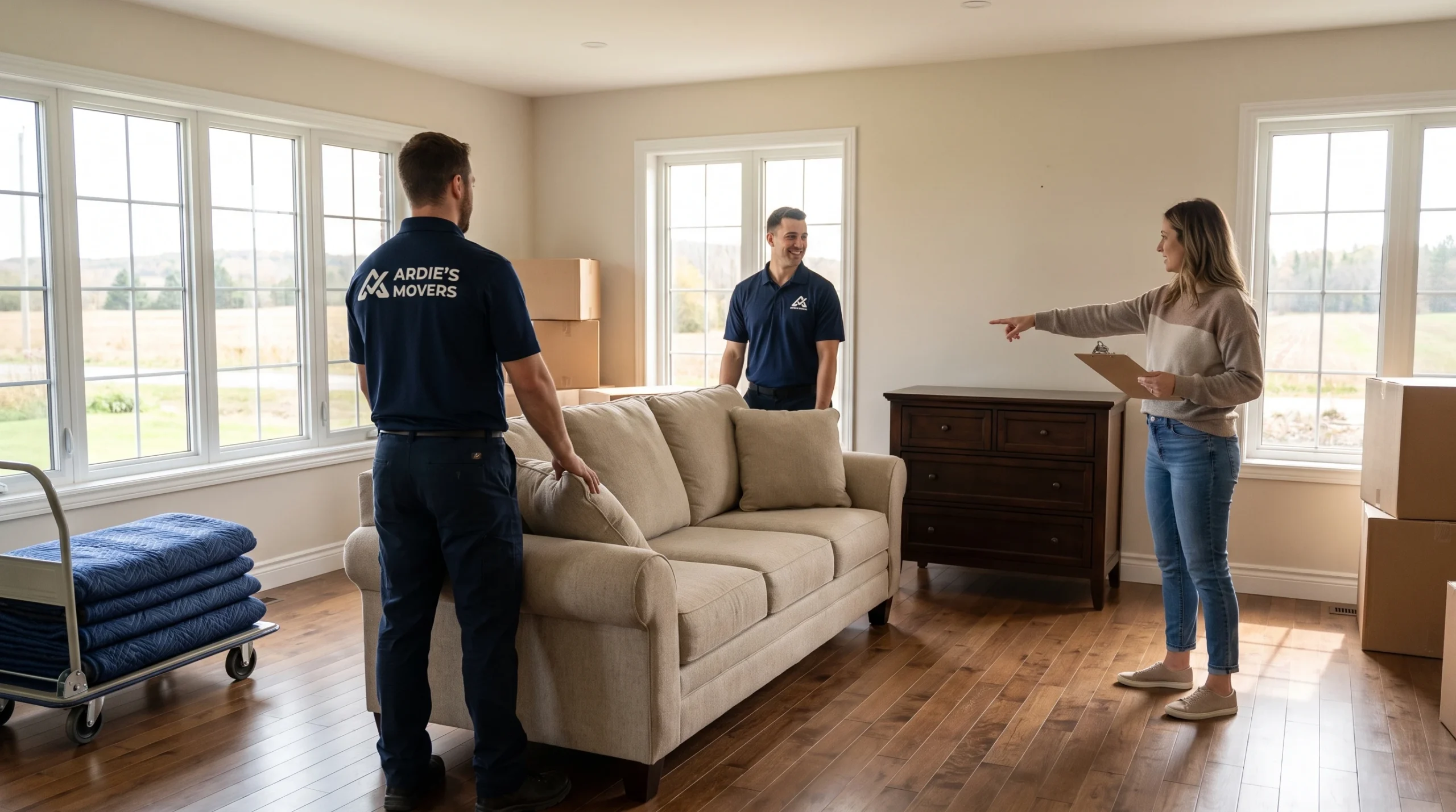 Furniture moving crew confirming sofa and dresser placement with a homeowner