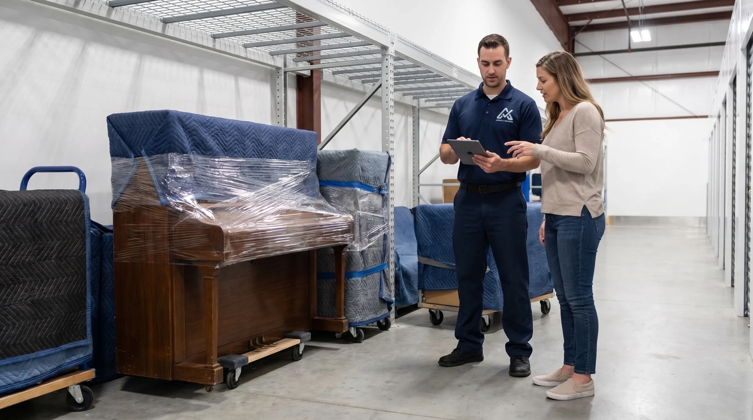Mover reviewing a furniture and piano storage arrangement with a customer