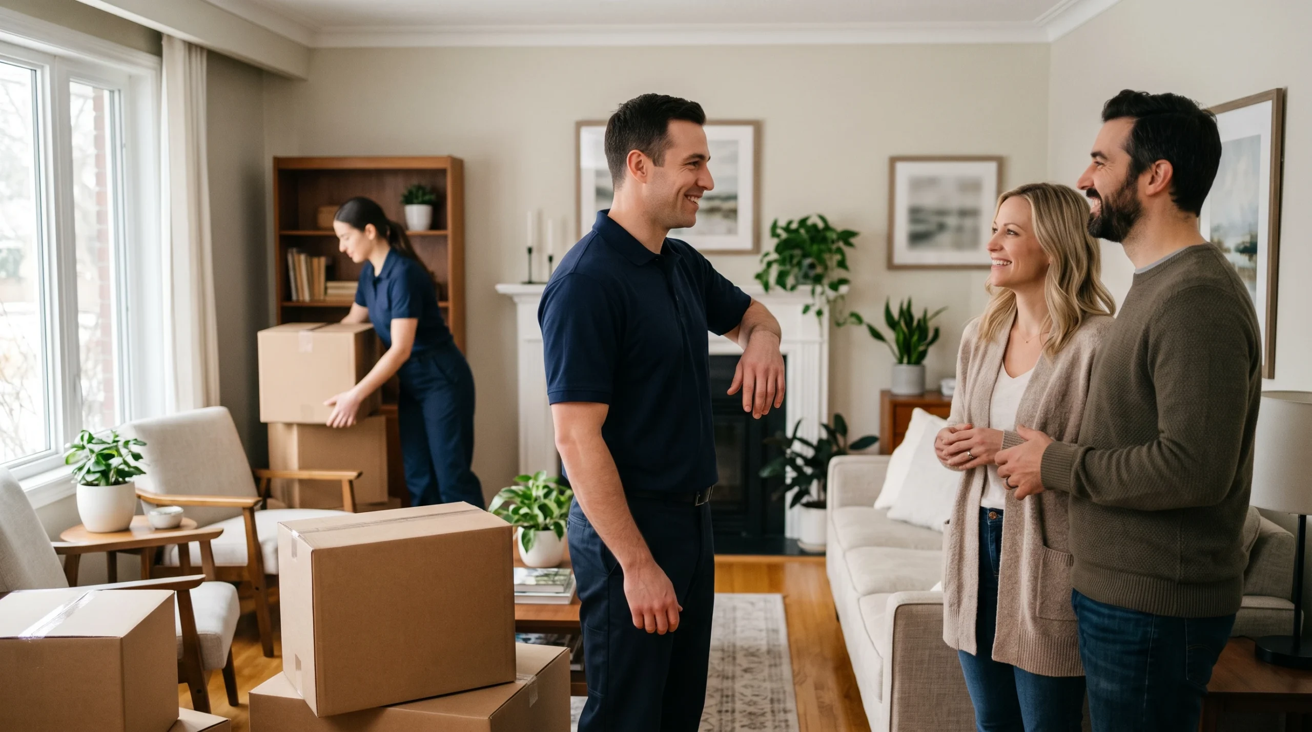 Satisfied homeowners speaking with a trusted local mover after an Ottawa Valley move