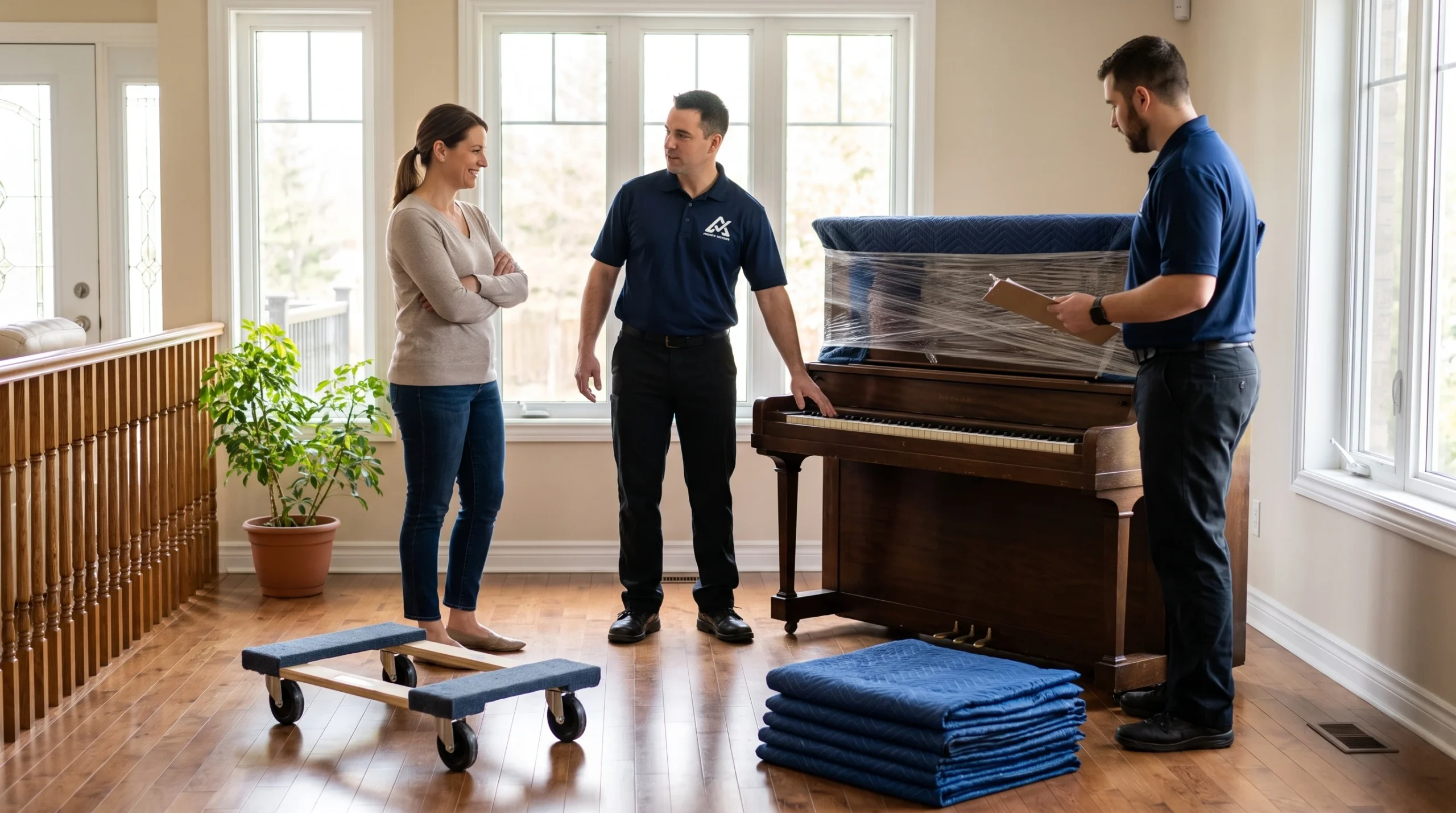 Piano moving crew confirming final upright piano placement with a homeowner