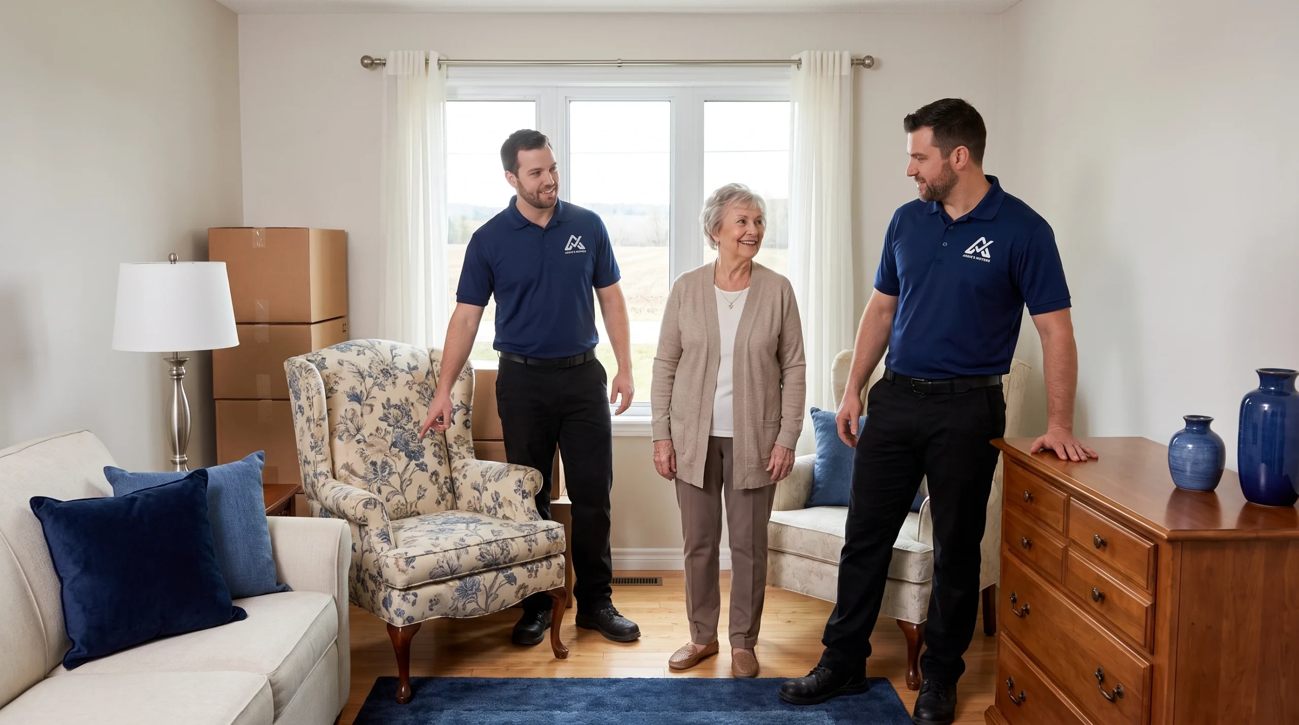 Senior resident confirming final furniture placement with the moving crew