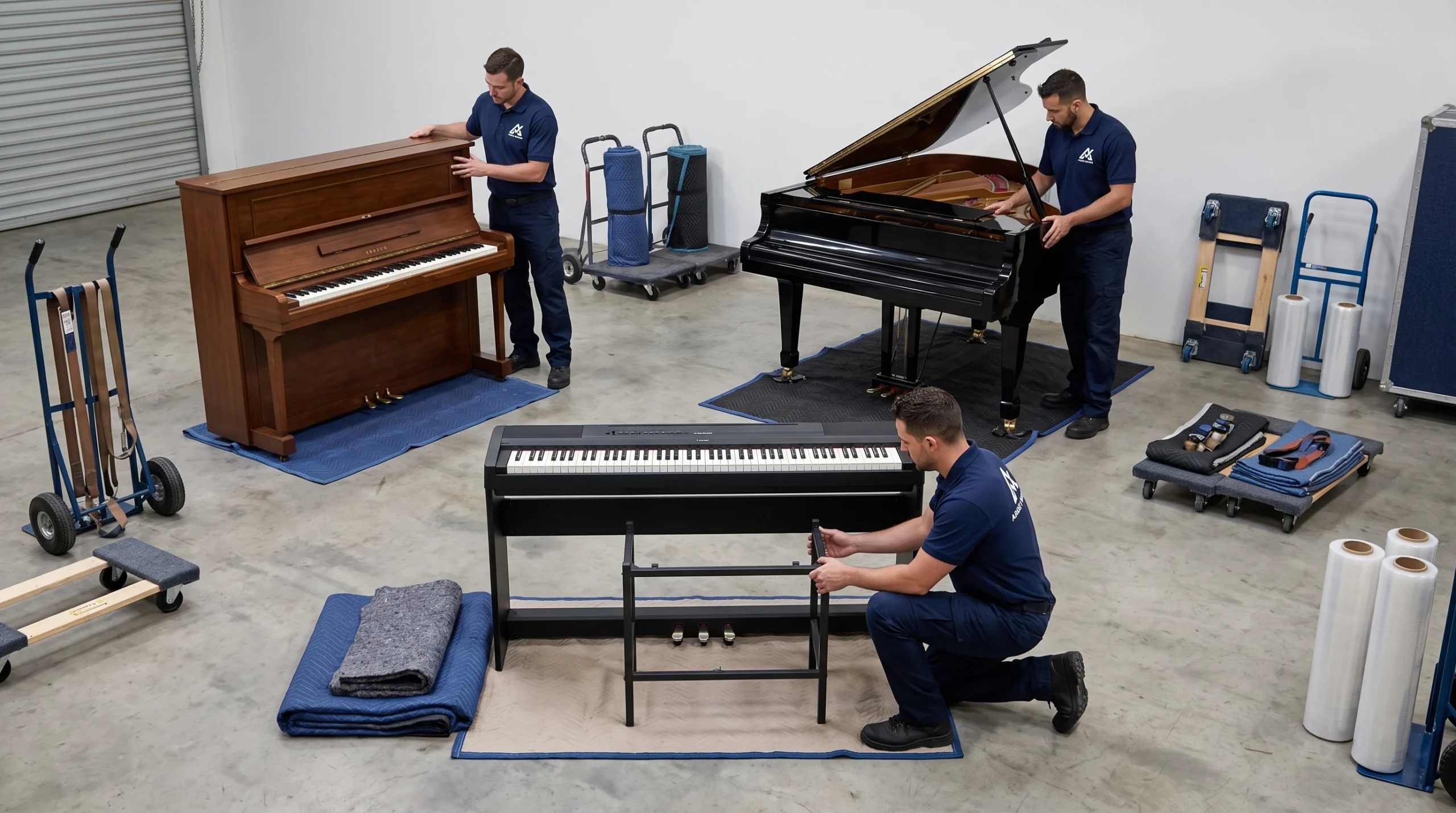 Moving crew assessing upright, baby grand and digital pianos for transport