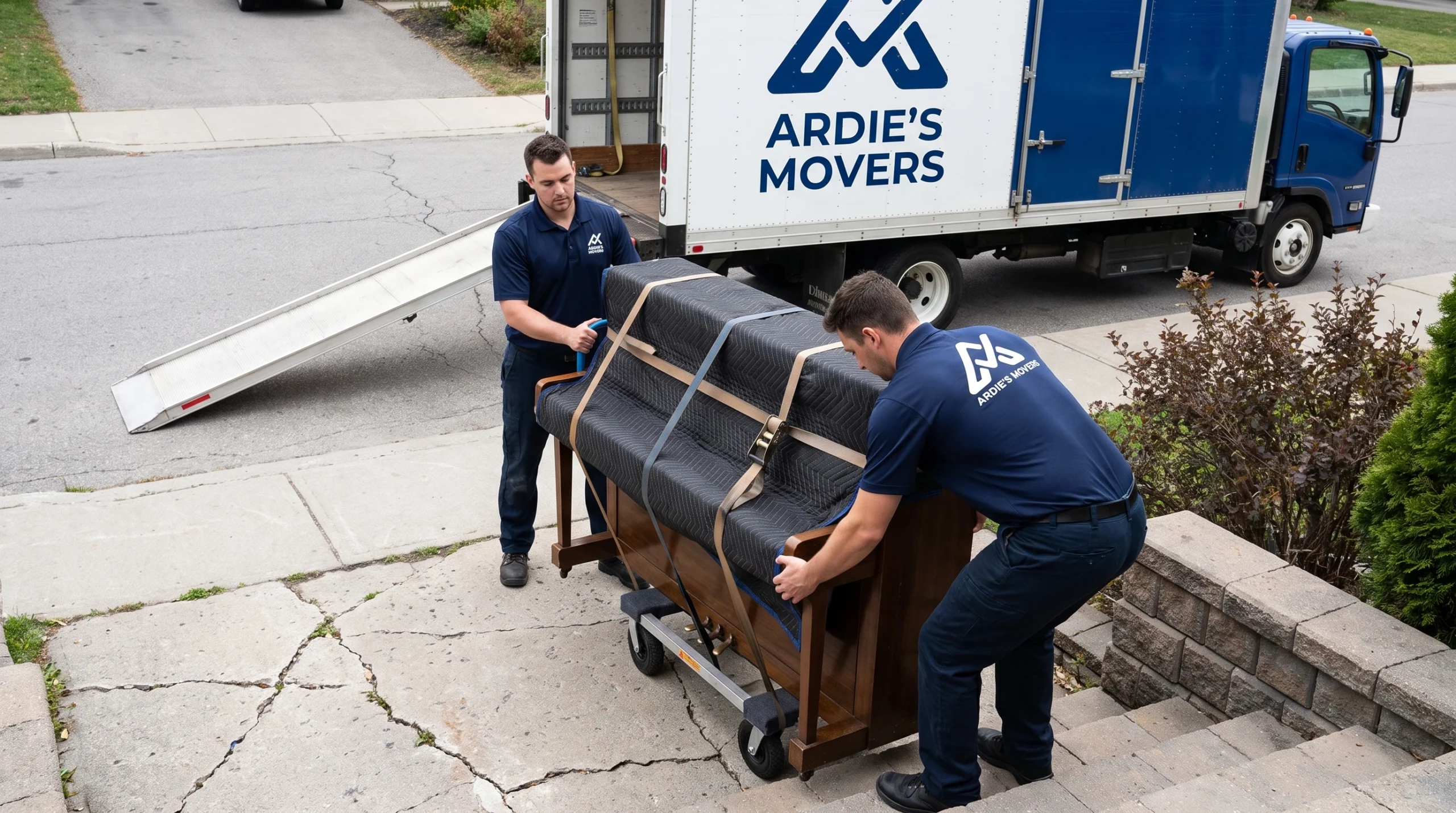 Movers controlling a protected upright piano near exterior stairs and a moving truck